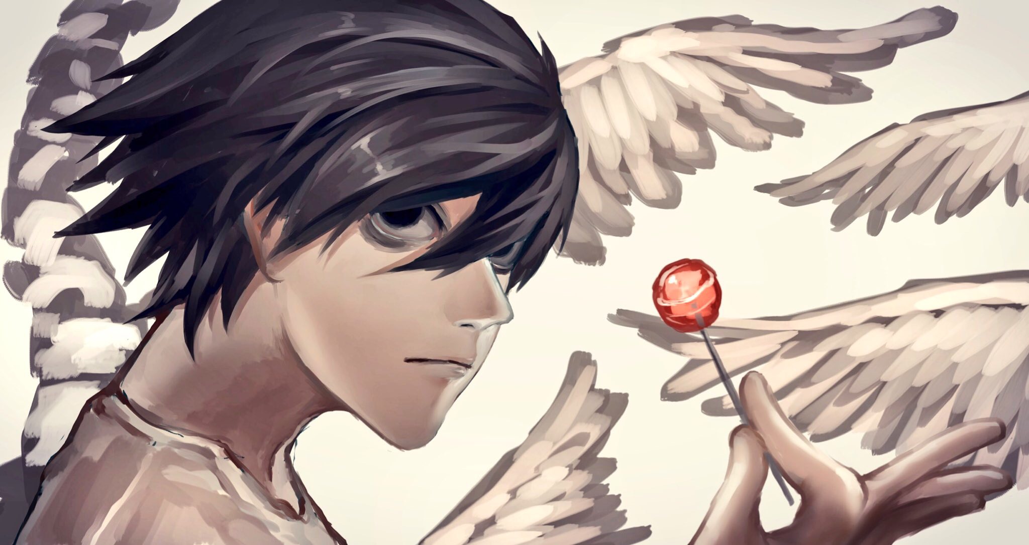 Download mobile wallpaper Anime, Death Note, Wings, Sweets, Lollipop, Black Hair, L (Death Note), Black Eyes for free.