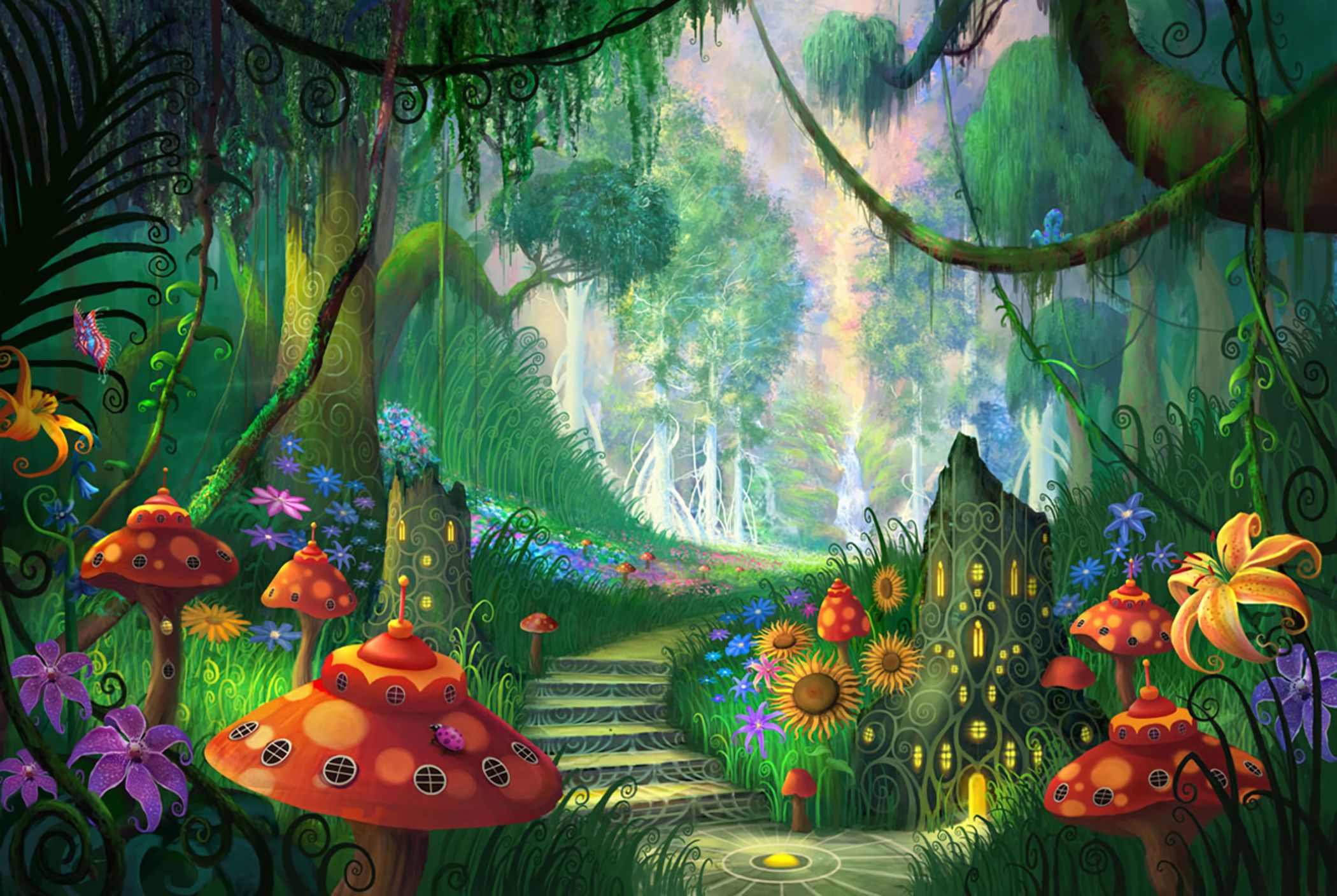 Download mobile wallpaper Fantasy, Flower, Forest, Stairs, Mushroom, Artistic for free.