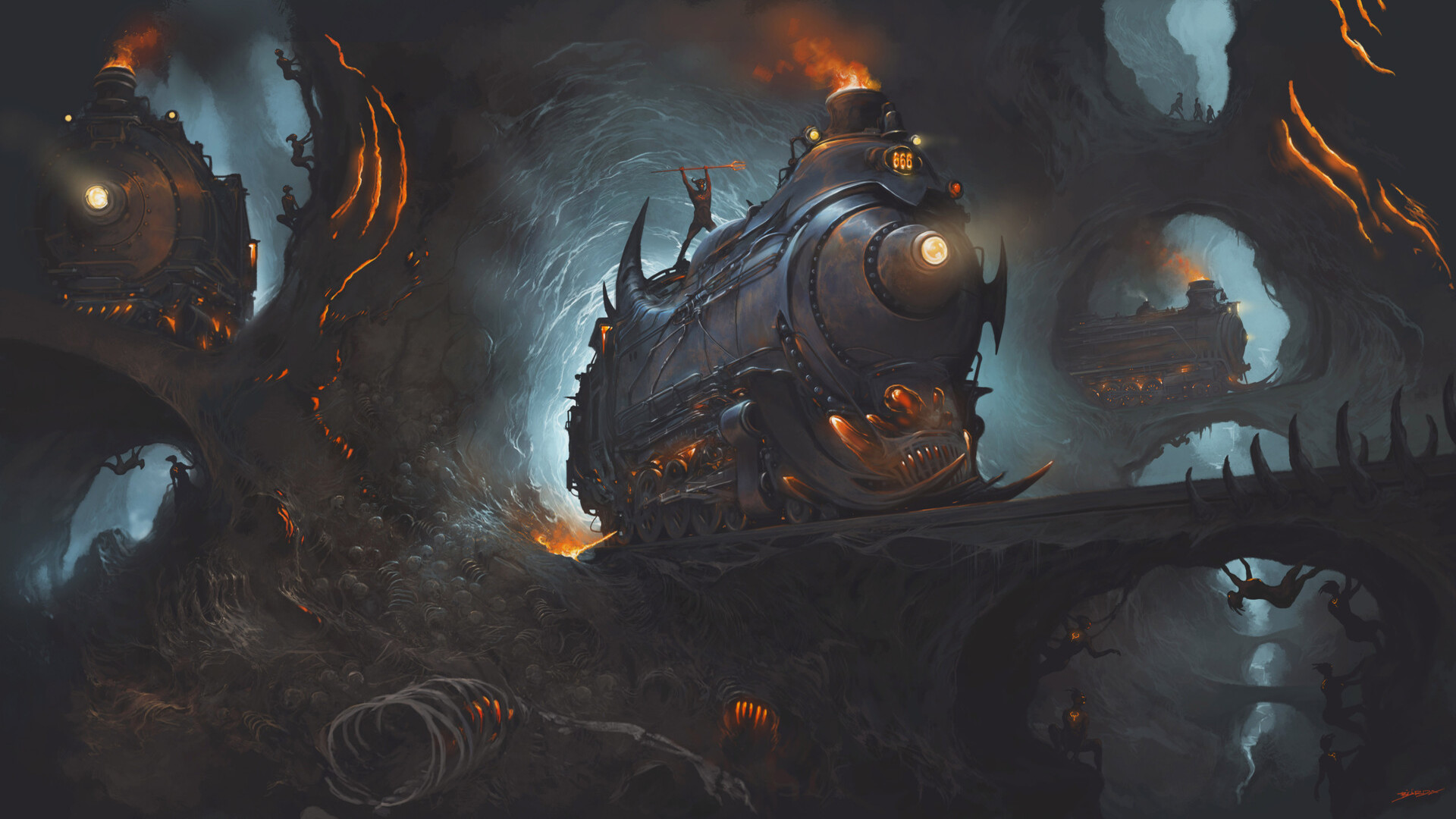 Download mobile wallpaper Fantasy, Dark, Cave, Train, Locomotive, Skeleton, Demon for free.