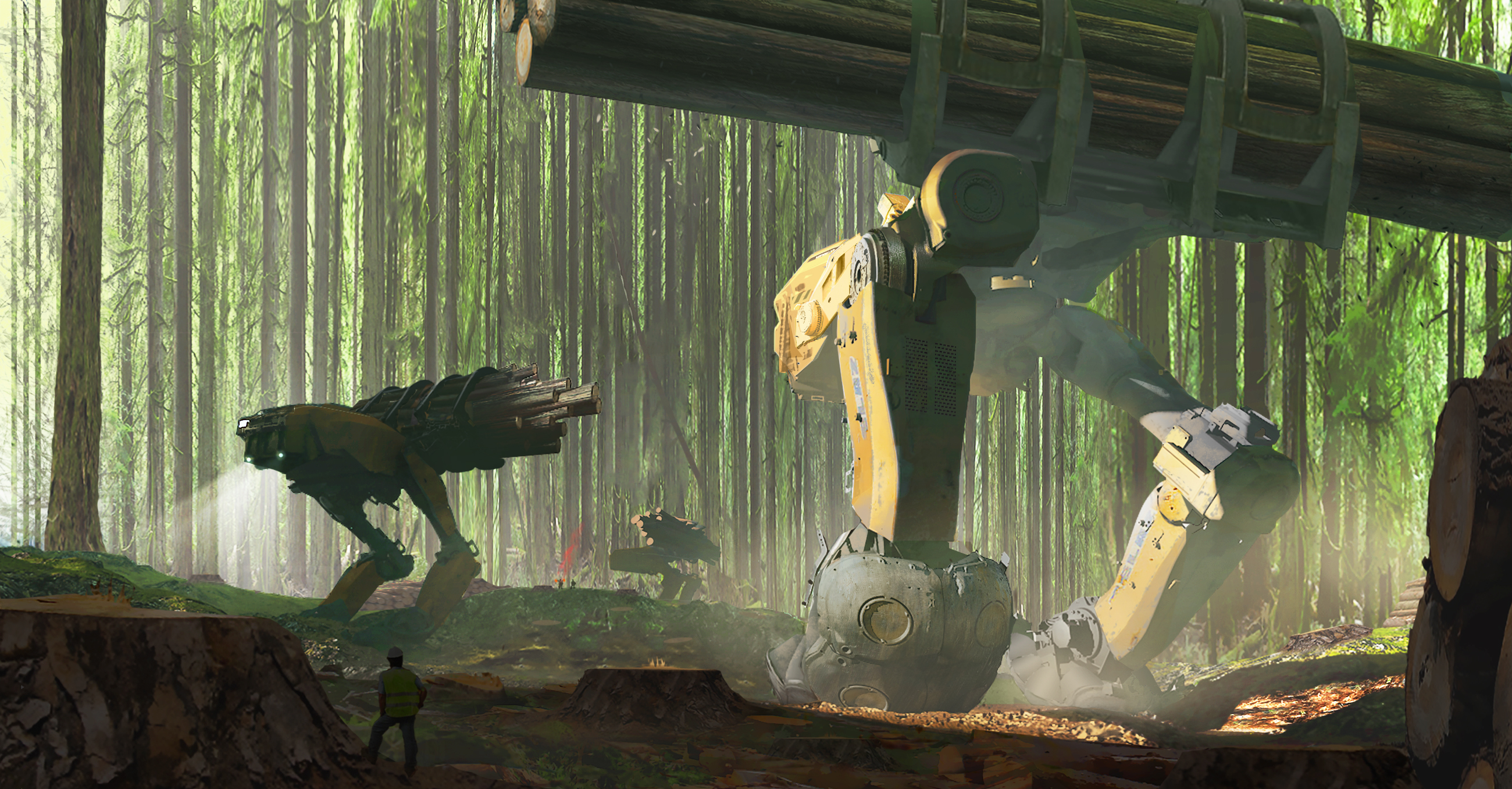 Download mobile wallpaper Forest, Robot, Sci Fi, Log, Futuristic for free.