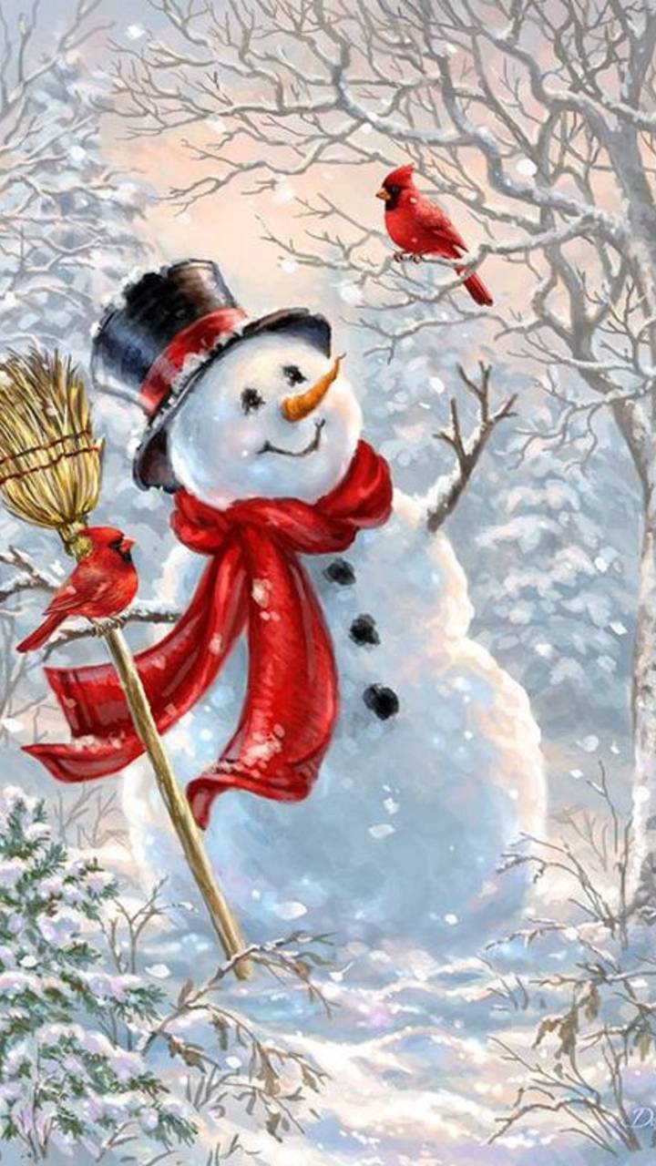 Download mobile wallpaper Snow, Snowman, Artistic, Hat, Scarf, Cardinal for free.