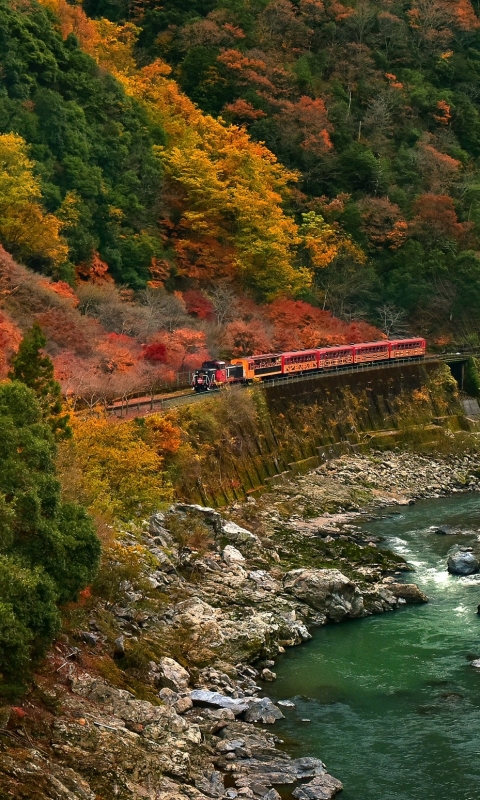 Download mobile wallpaper Fall, River, Train, Vehicle, Vehicles for free.