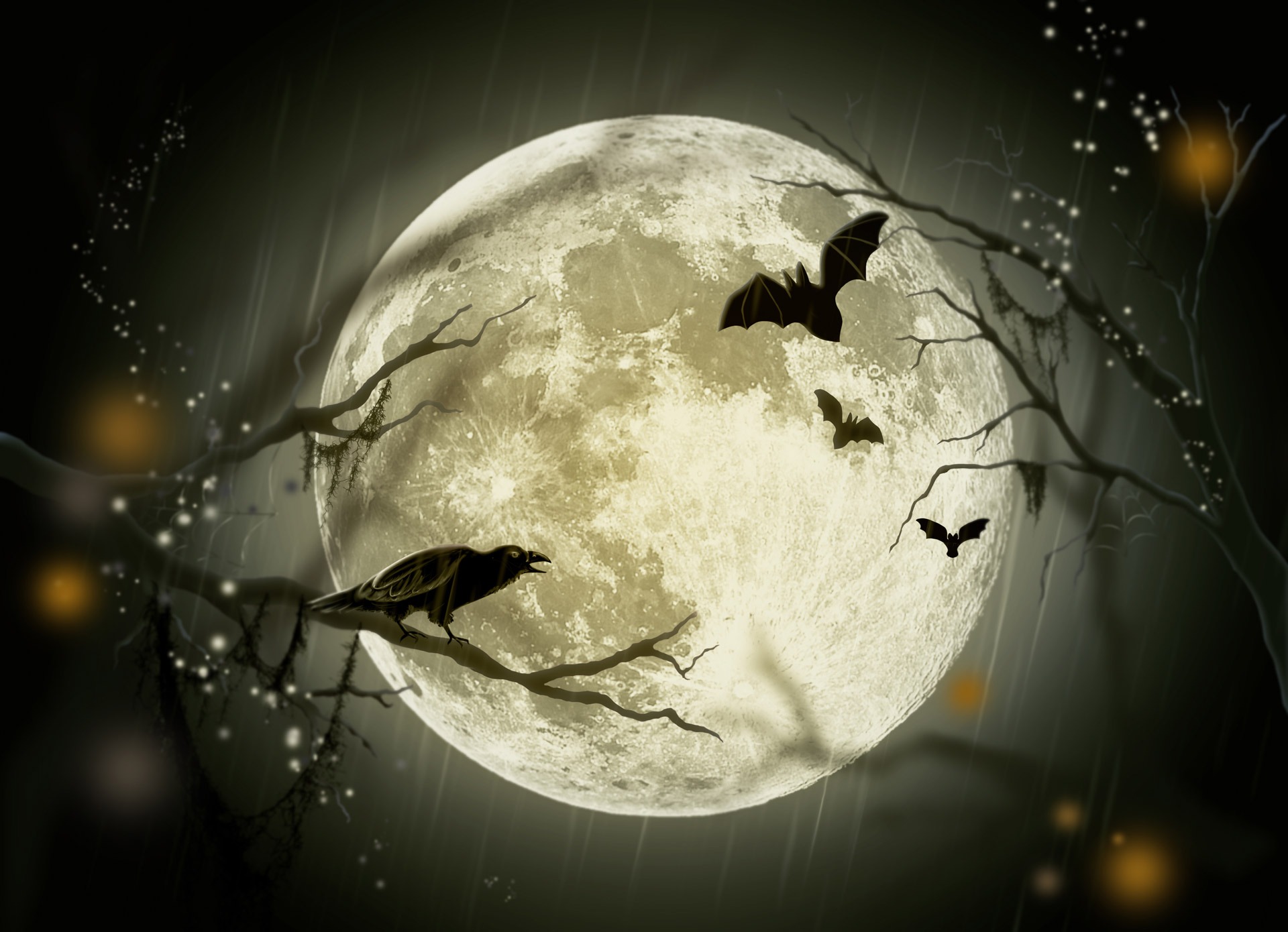 Скачать картинку Птицы, Луна, Хэллоуин, Ворона, Летучая Мышь, Праздничные в телефон бесплатно.