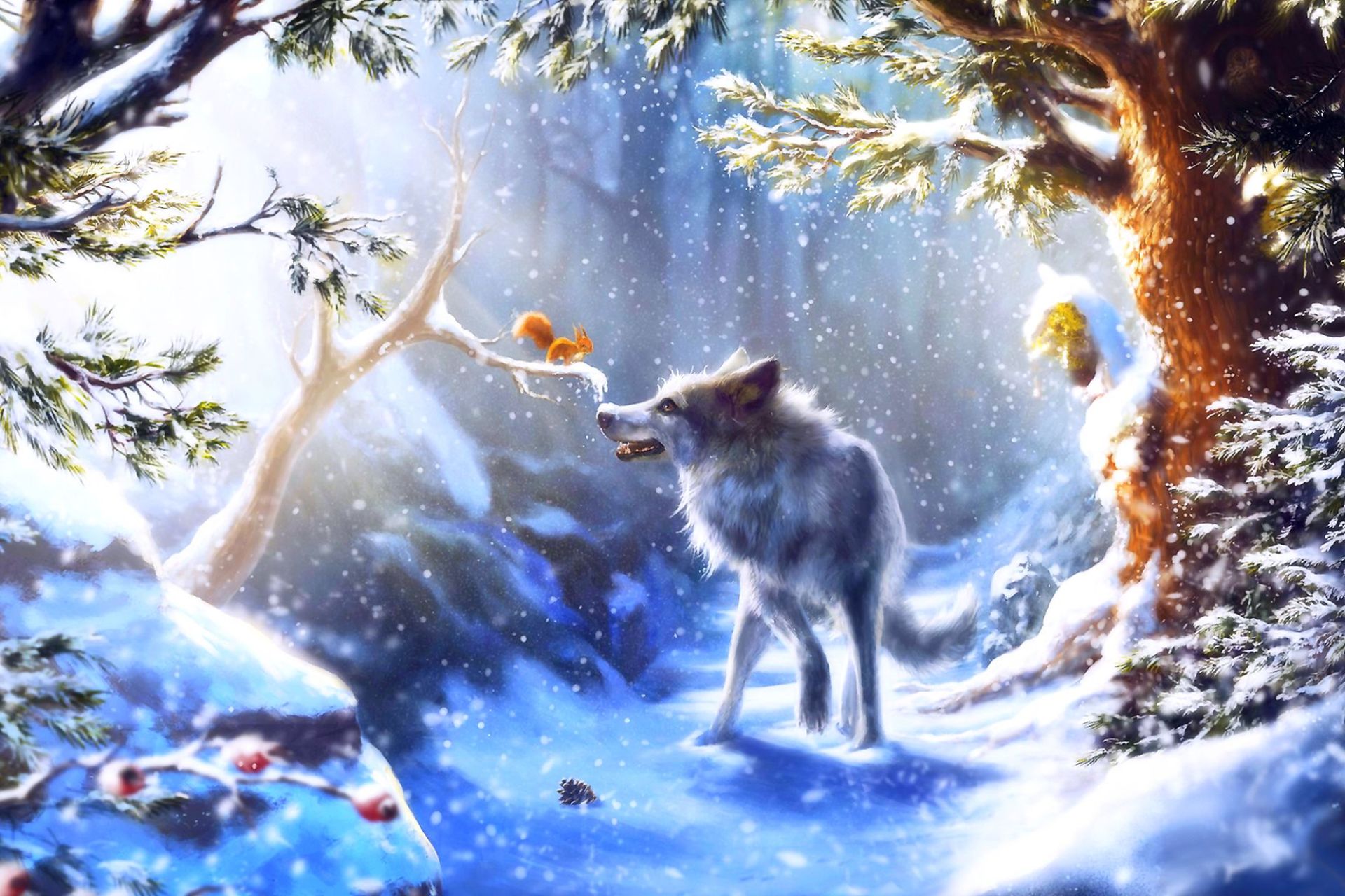 Full HD animal, winter, wolf, forest, snow, squirrel, wolves
