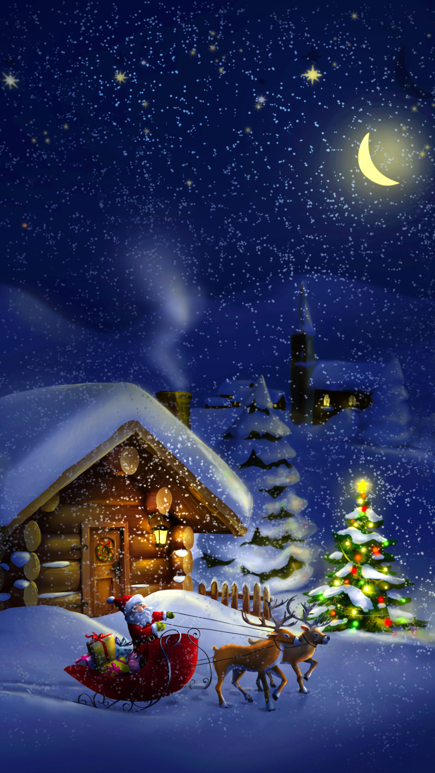 無料モバイル壁紙雪, クリスマス, クリスマスツリー, そり, サンタ, 降雪, 夜, キャビン, ホリデー, トナカイをダウンロードします。