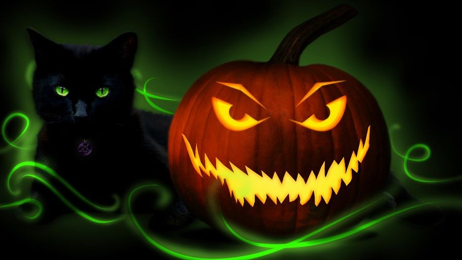 204195 скачать обои праздничные, хэллоуин, кот, зеленый, фонарь джека - заставки и картинки бесплатно