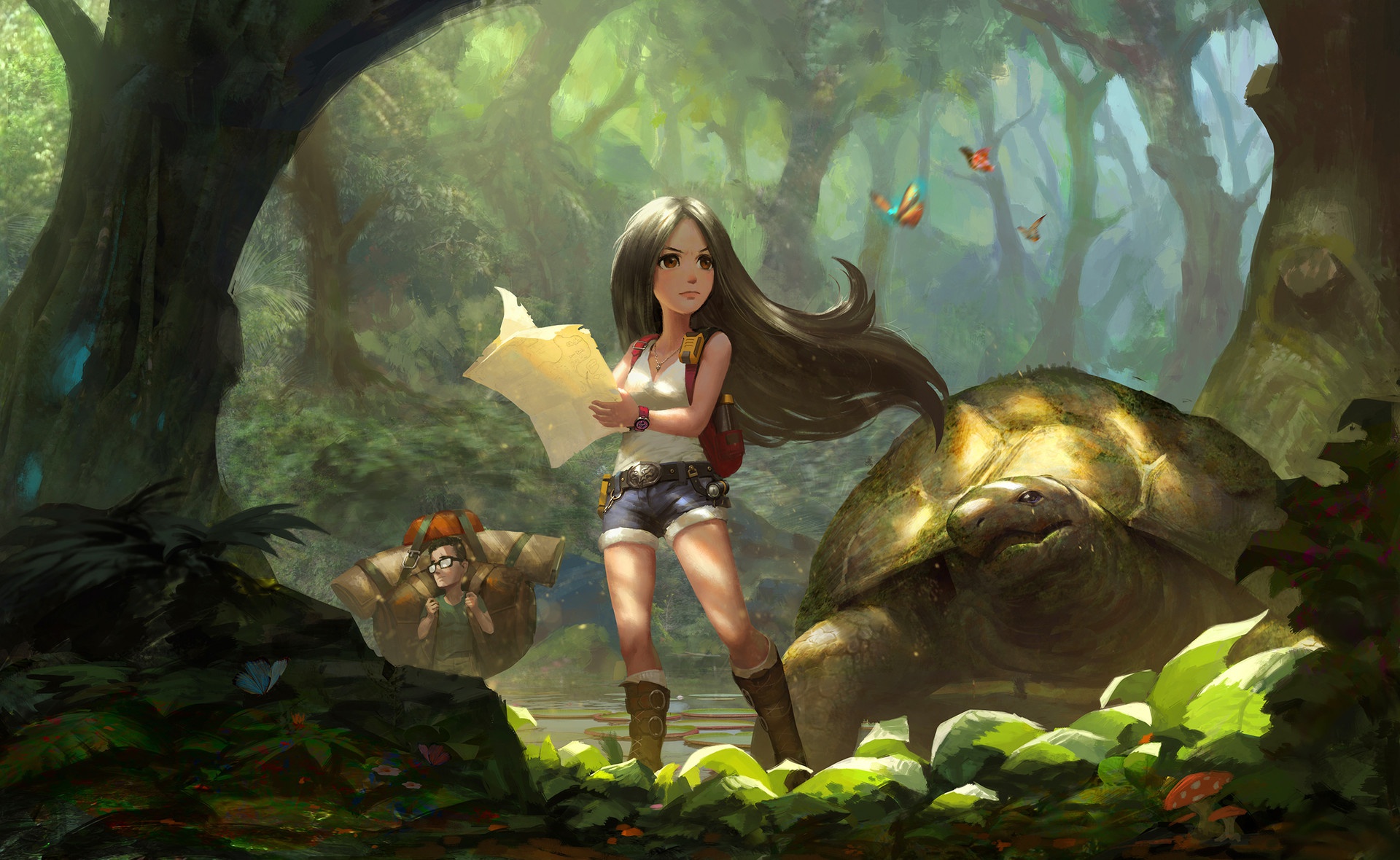 Download mobile wallpaper Fantasy, Forest, Turtle, Women, Shorts, Exploration, Black Hair, Long Hair for free.