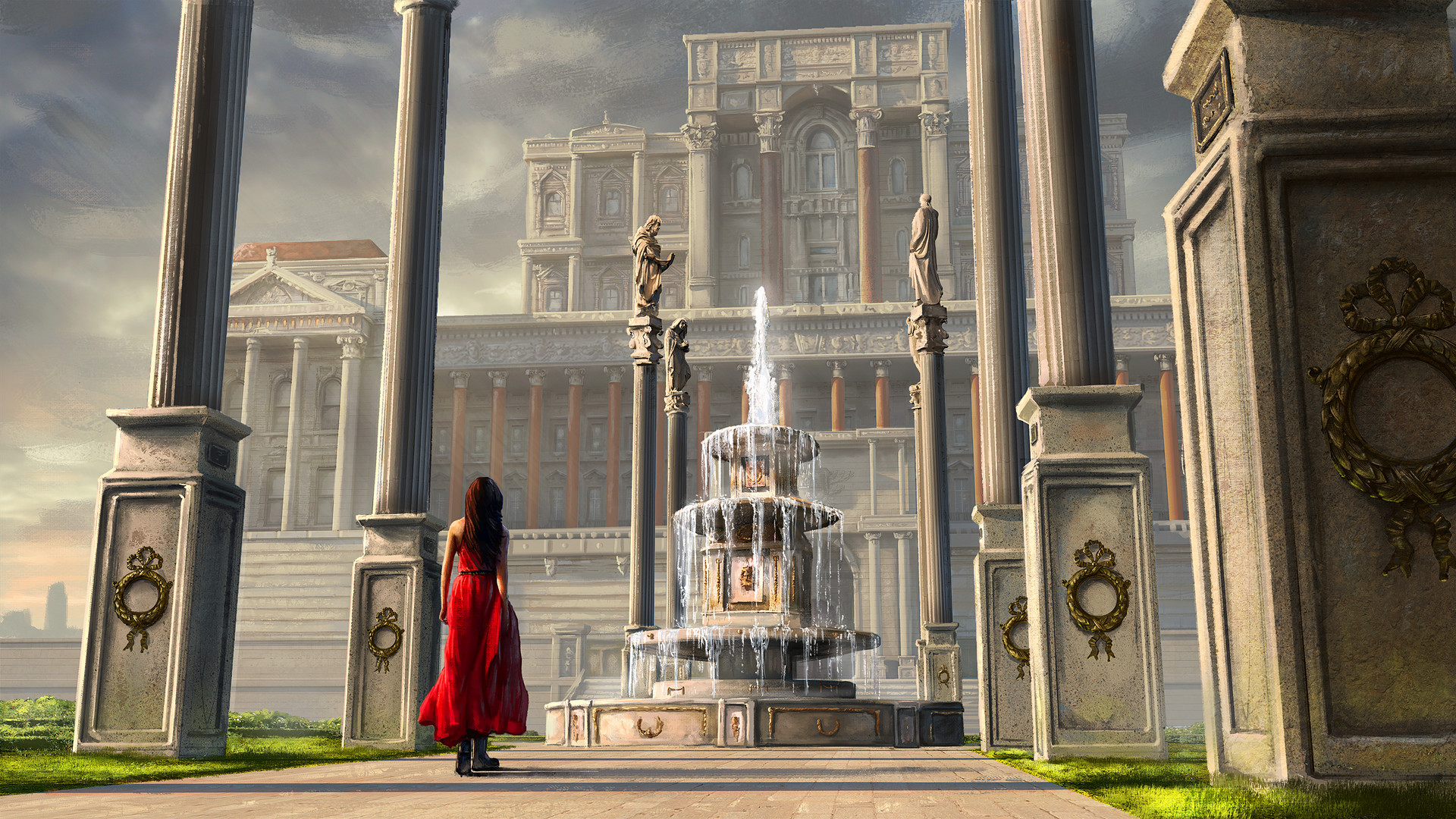Download mobile wallpaper Fantasy, Fountain, Building, Statue, Women, Columns, Red Dress for free.