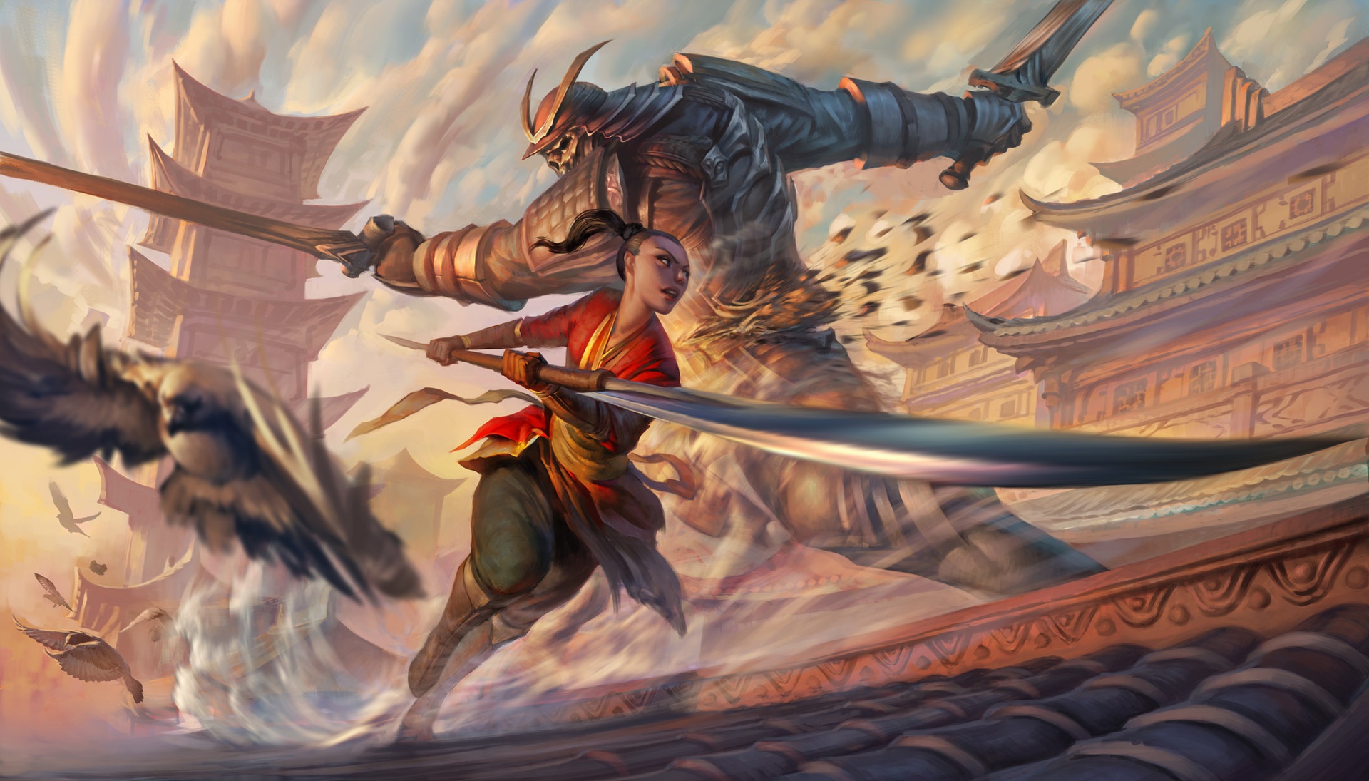 Download mobile wallpaper Fantasy, Fight, Samurai, Oriental, Armor, Sword, Woman Warrior for free.