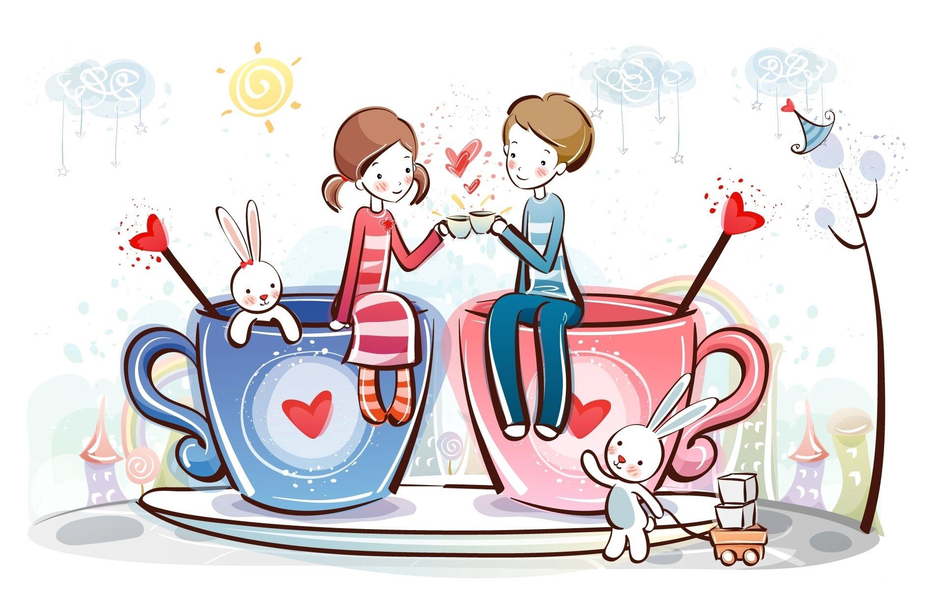 couple, cups, hearts, pair, tea drinking, love, sun, tea party, hares