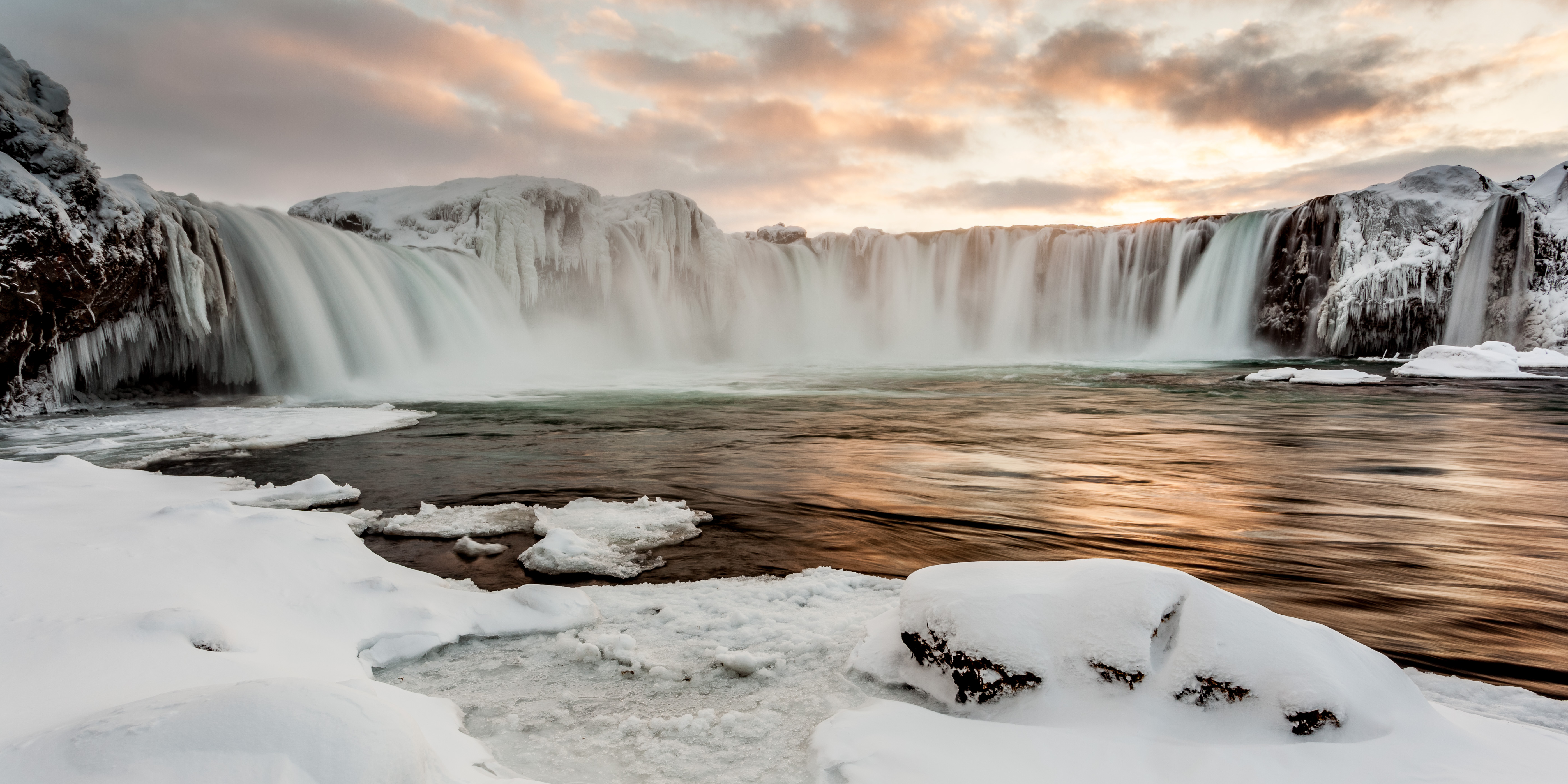 earth, goðafoss, cloud, snow, sunset, waterfall, winter, waterfalls