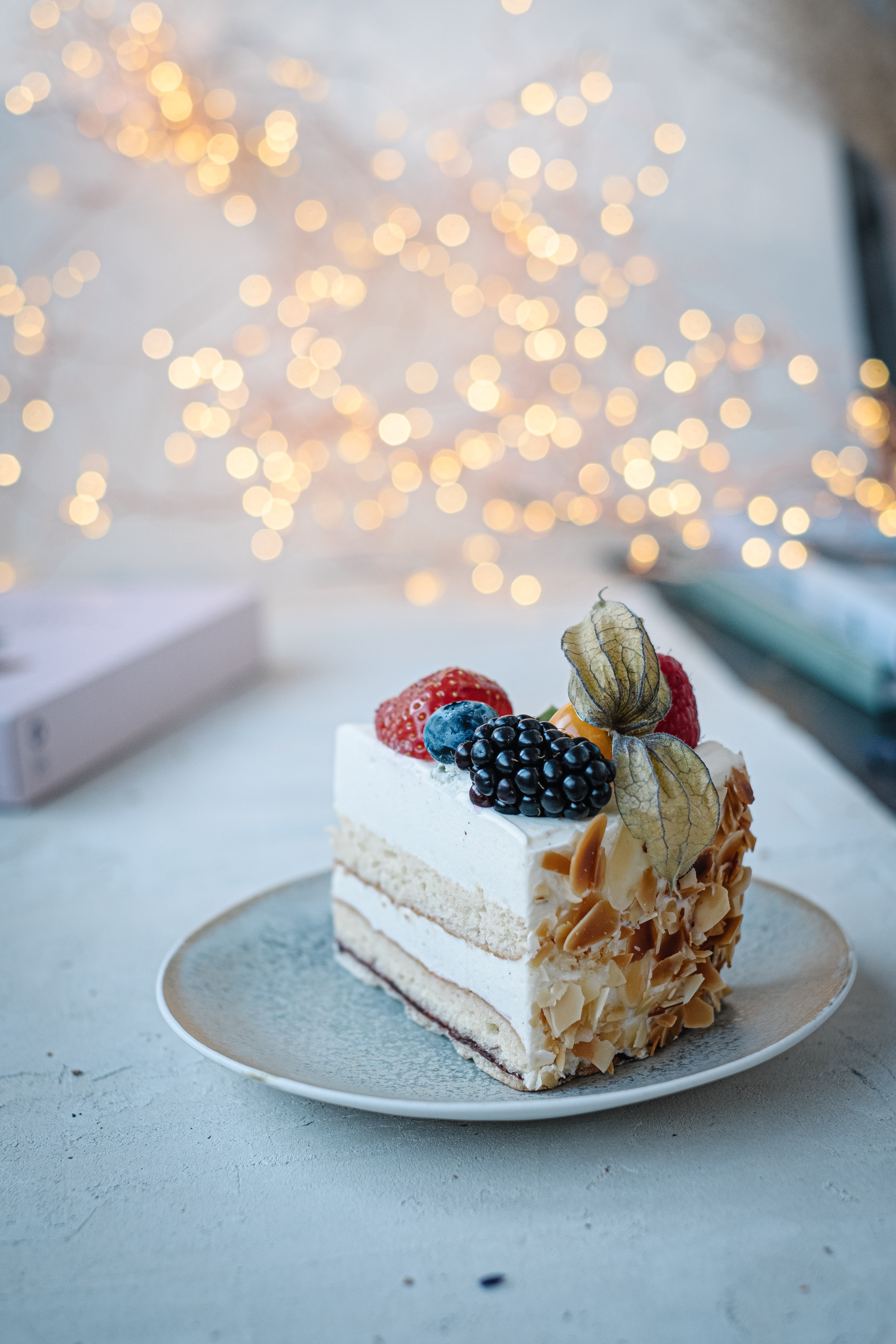 desert, food, berries, cake, plate, decoration phone background