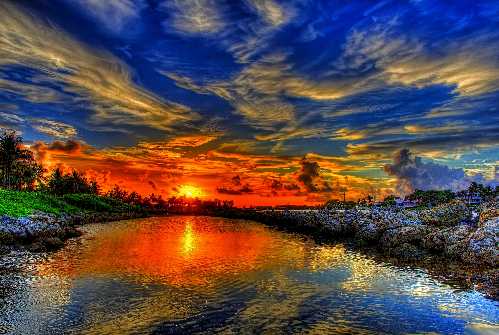 Laden Sie das See, Palme, Hdr, Sonnenuntergang, Erde/natur-Bild kostenlos auf Ihren PC-Desktop herunter