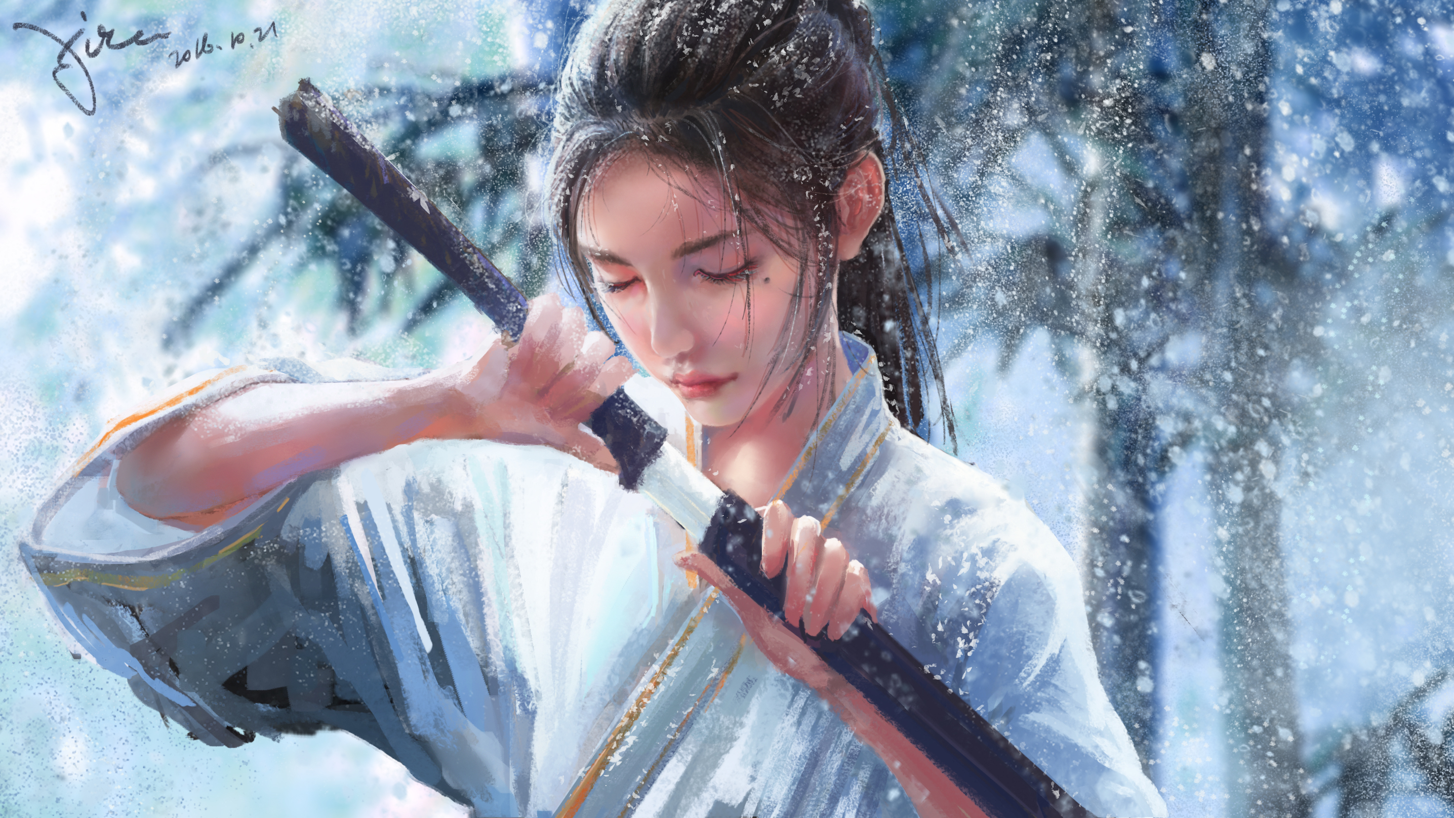 woman warrior, snowflake, samurai, fantasy, snowfall