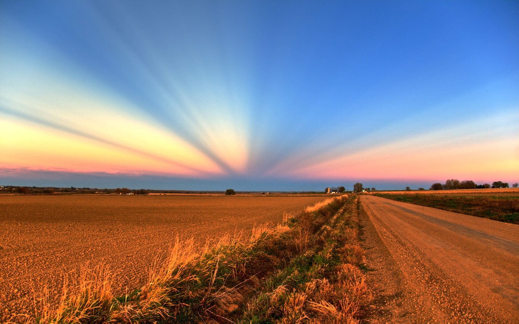 sunset, nature, beams, rays, road, field, evening, agriculture, crops