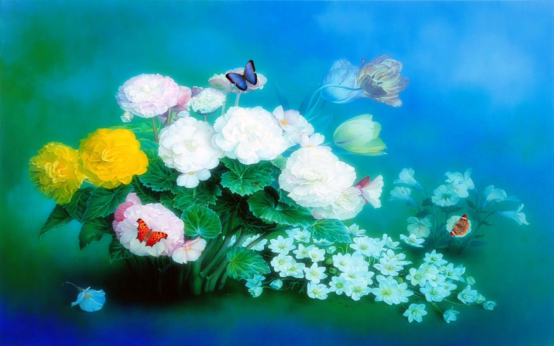 Download mobile wallpaper Flowers, Flower, Rose, Butterfly, Artistic, Yellow Flower, White Flower for free.