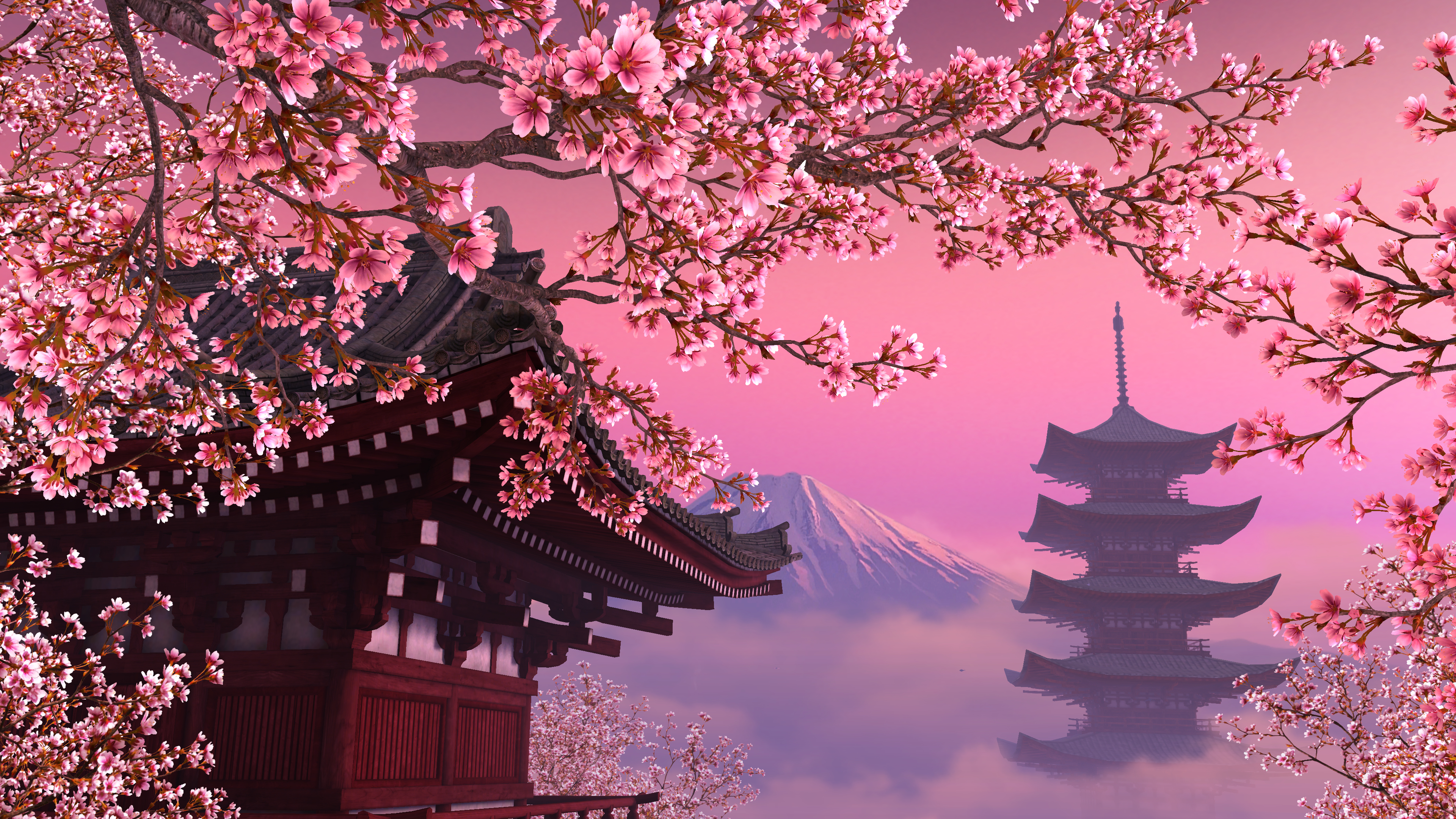 897669 descargar fondo de pantalla artístico, japonés, edificio, flor, monte fuji: protectores de pantalla e imágenes gratis