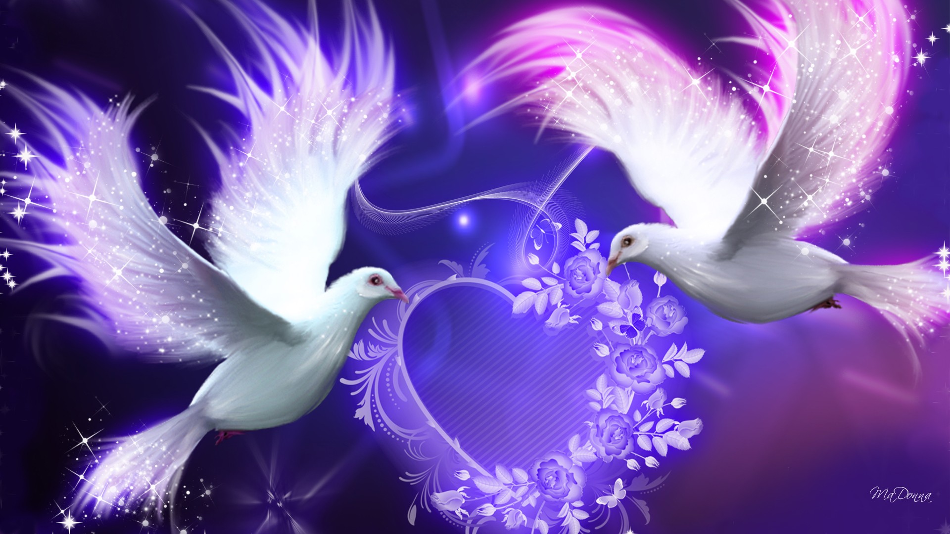 無料モバイル壁紙輝き, 花, 青い, 紫の, 芸術的, 鳩, 心臓をダウンロードします。