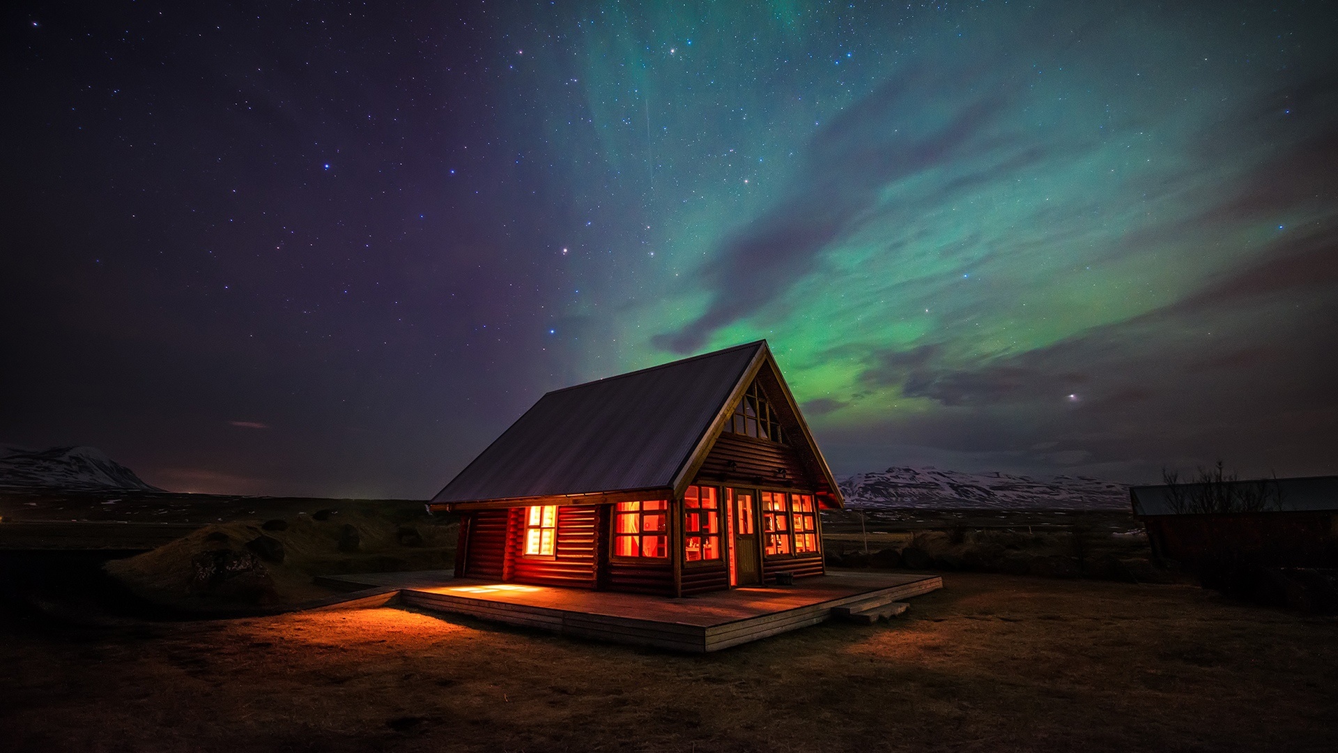 Download mobile wallpaper Sky, Night, Light, Aurora Borealis, Cabin, Man Made for free.