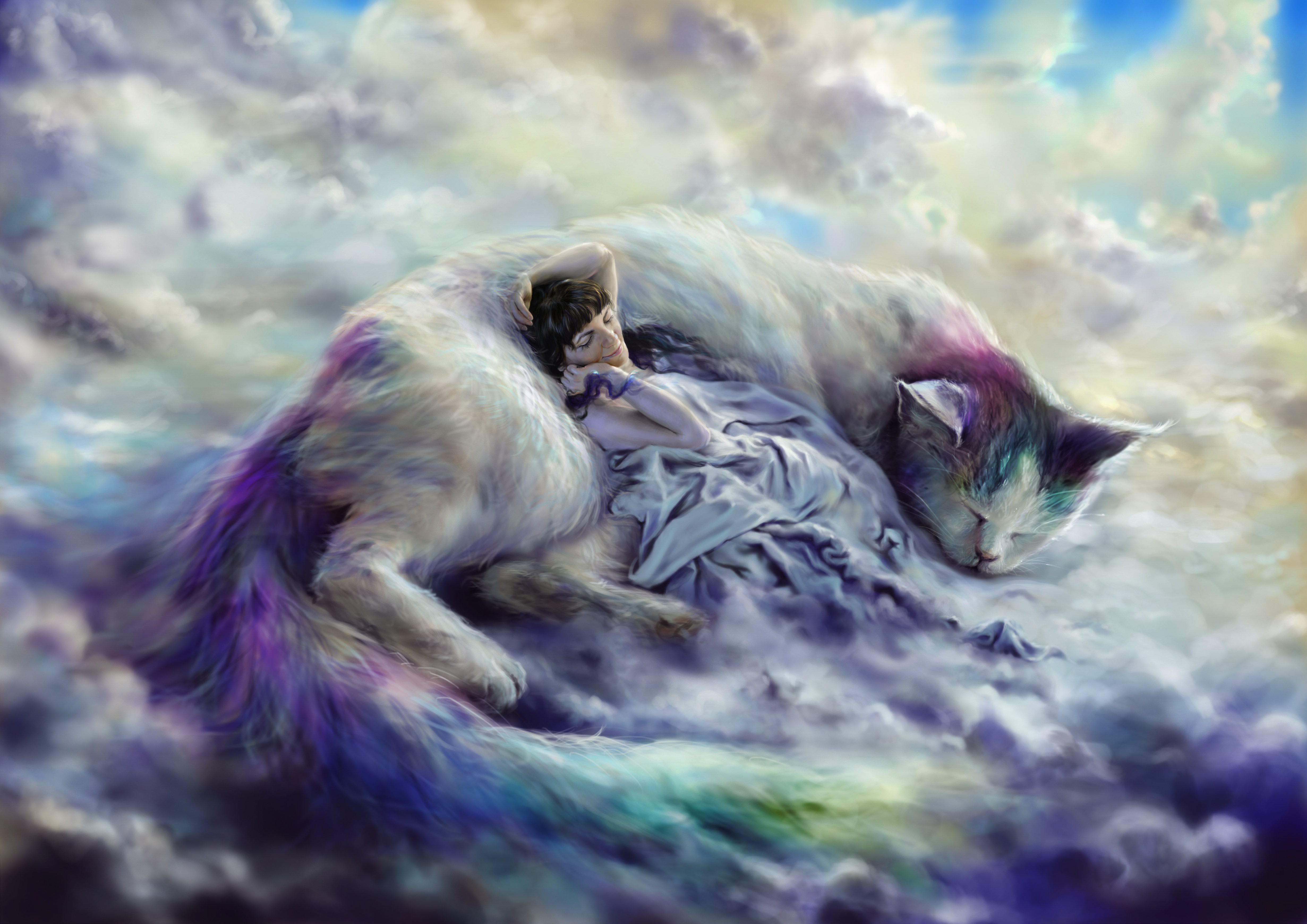 377031 скачать обои фэнтези, кошка, облака, великан, пурпурный, спать, фэнтези животные - заставки и картинки бесплатно