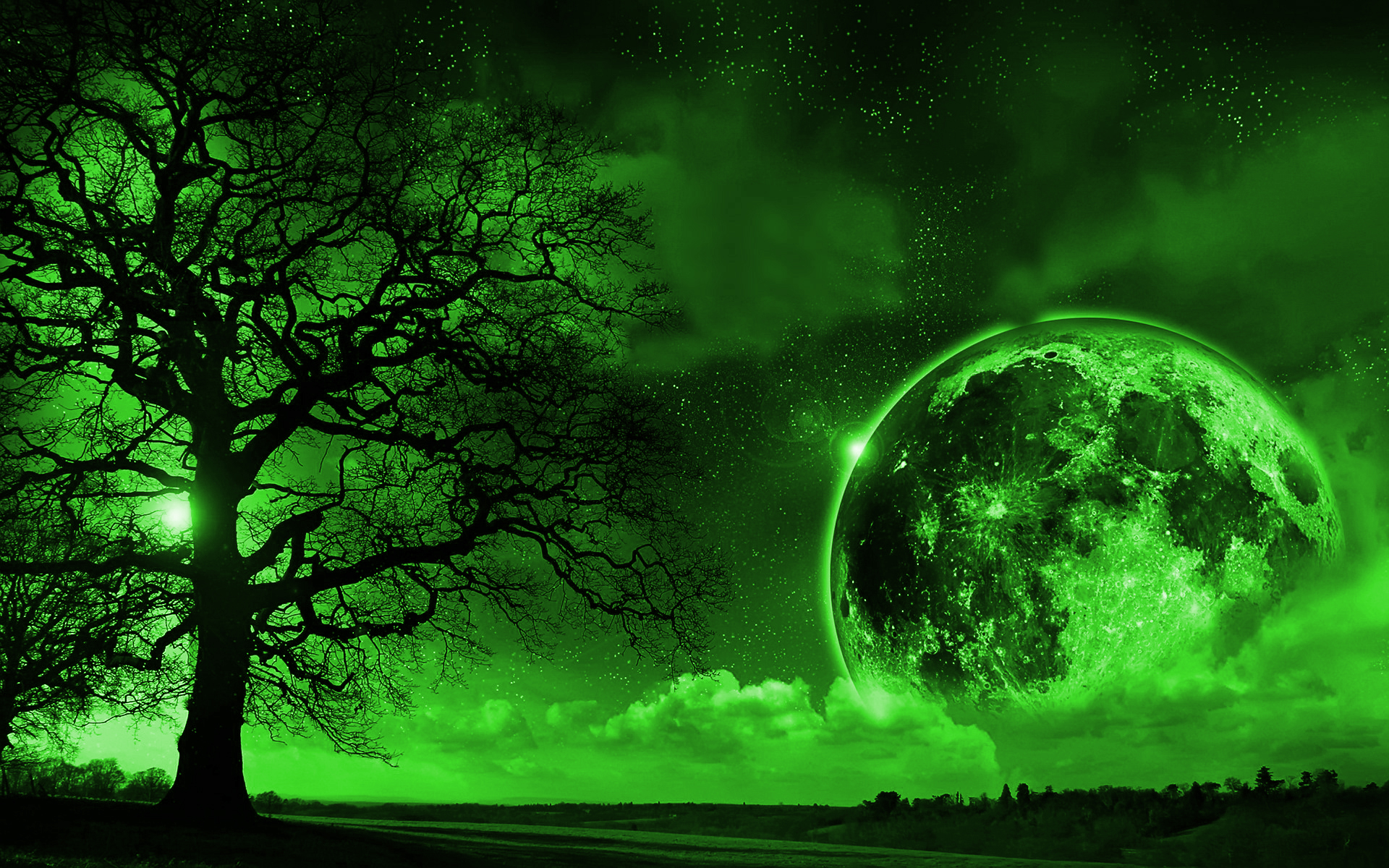 Скачать картинку Луна, Дерево, Зеленый, Фантазия, Художественные в телефон бесплатно.