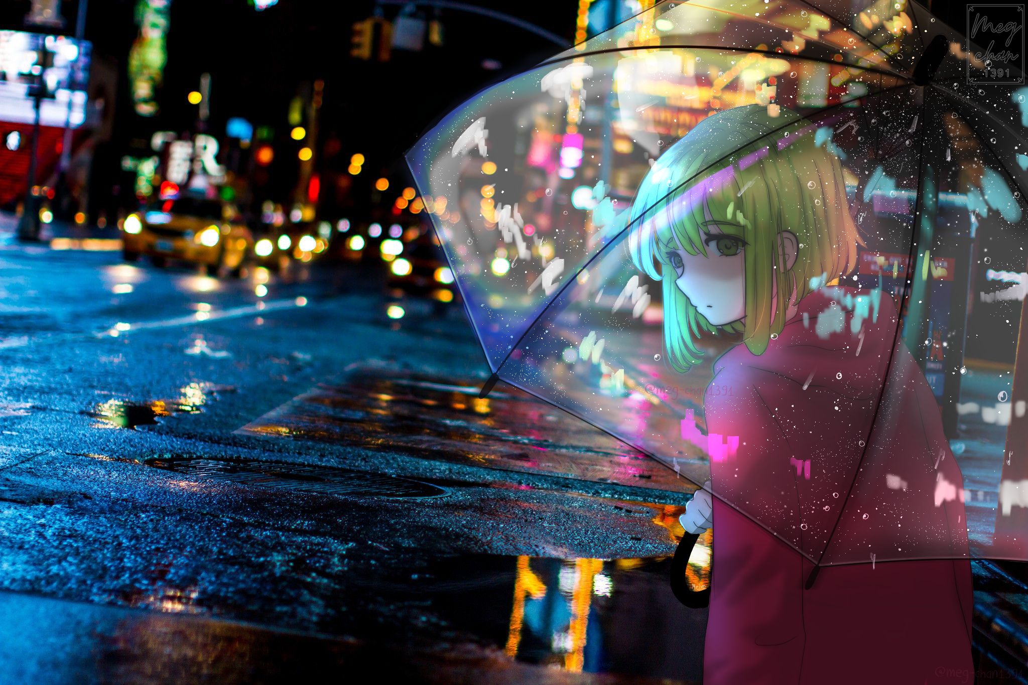 Laden Sie das Regen, Regenschirm, Vocaloid, Nacht, Animes, Großstadt, Gumi (Vocaloid)-Bild kostenlos auf Ihren PC-Desktop herunter