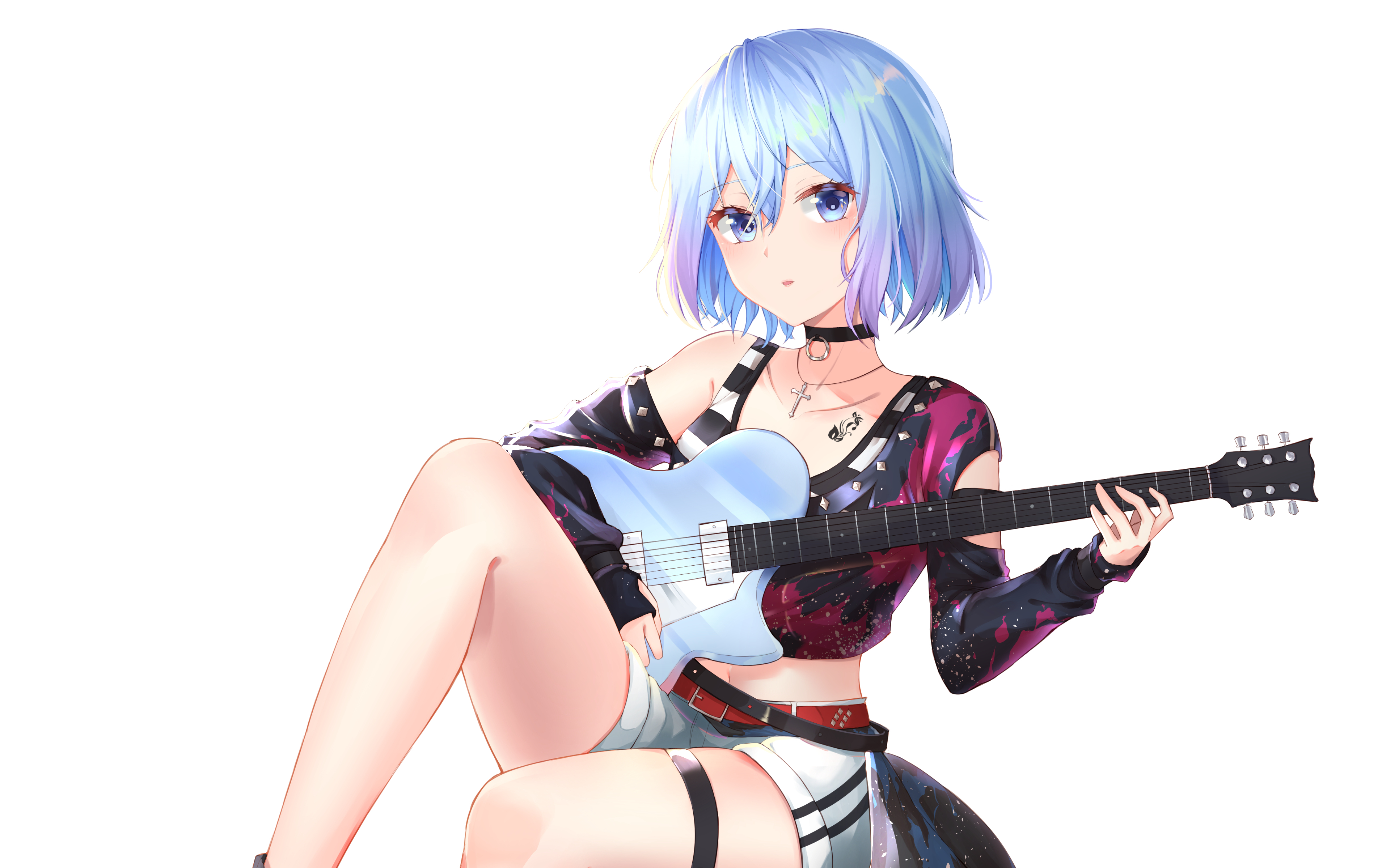 Download mobile wallpaper Music, Anime, Guitar, Blue Eyes, Blue Hair, Short Hair for free.