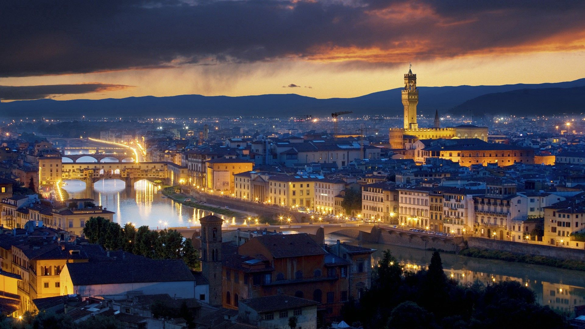 cities, rivers, italy, building, city lights, florence, ponte vecchio