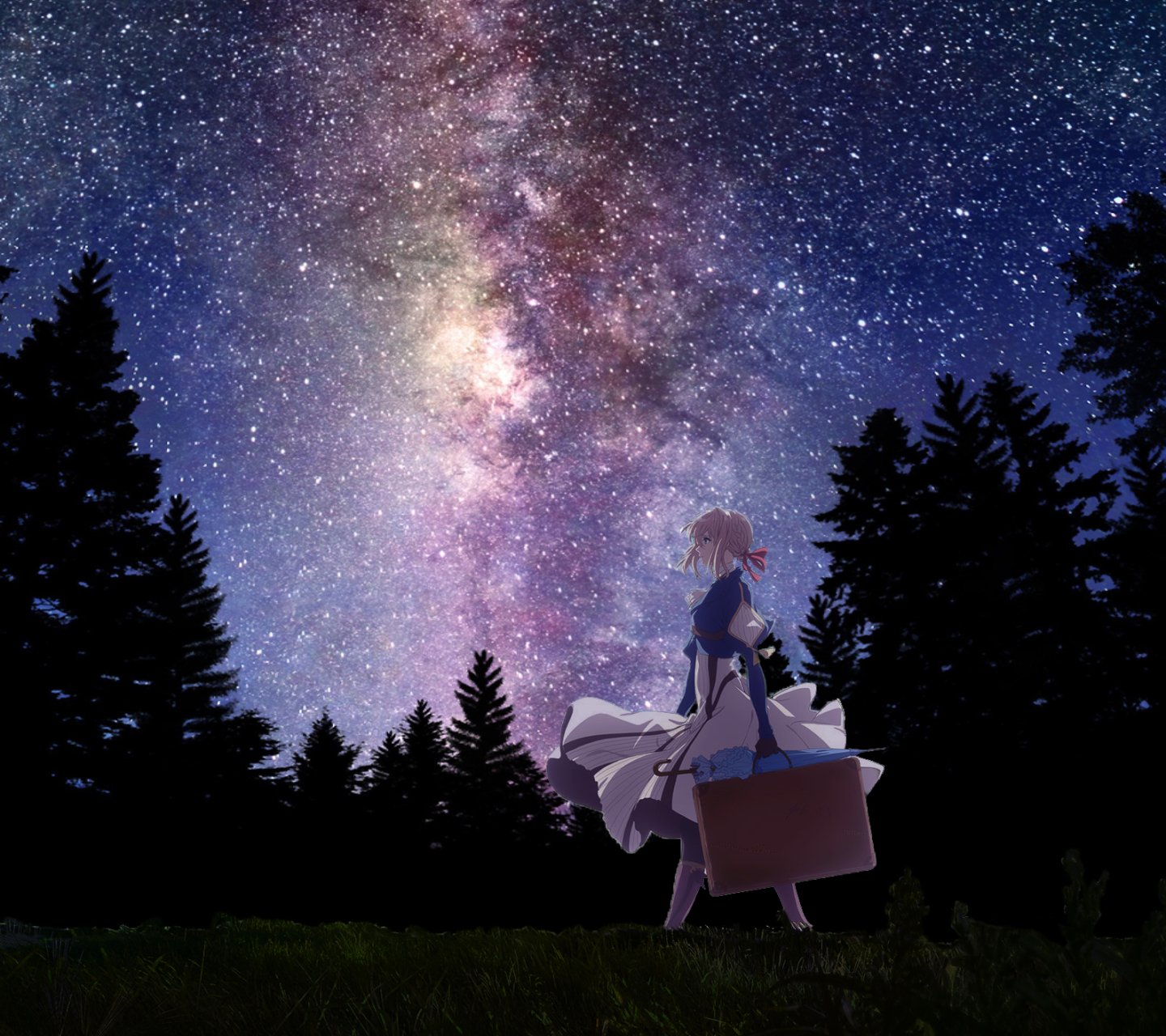 violet evergarden (anime), anime, violet evergarden, tree, suitcase, umbrella, blue eyes, blonde, violet evergarden (character), night, stars