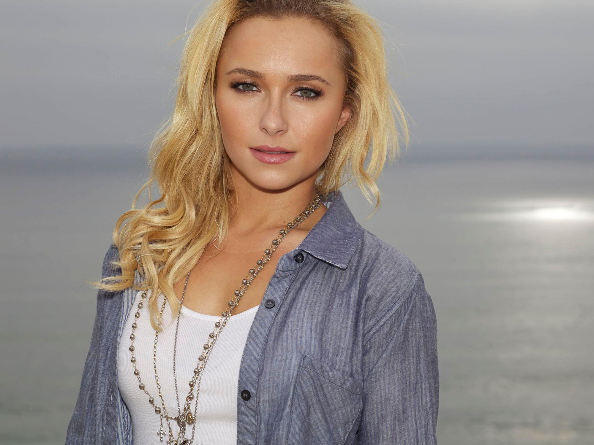 Download mobile wallpaper Blonde, Green Eyes, American, Necklace, Celebrity, Actress, Hayden Panettiere for free.