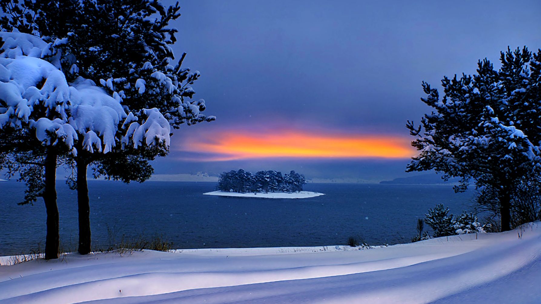 Скачать картинку Зима, Закат, Снег, Дерево, Остров, Земля/природа в телефон бесплатно.