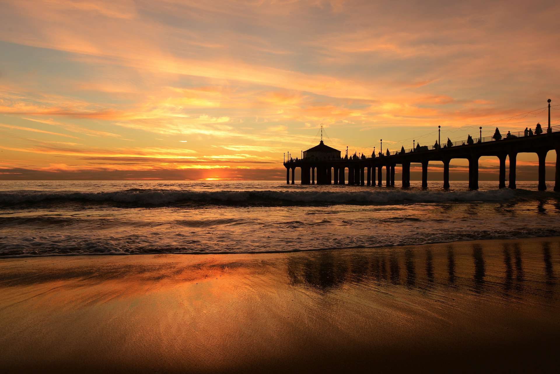 Download mobile wallpaper Sunset, Sea, Horizon, Pier, Ocean, Man Made for free.
