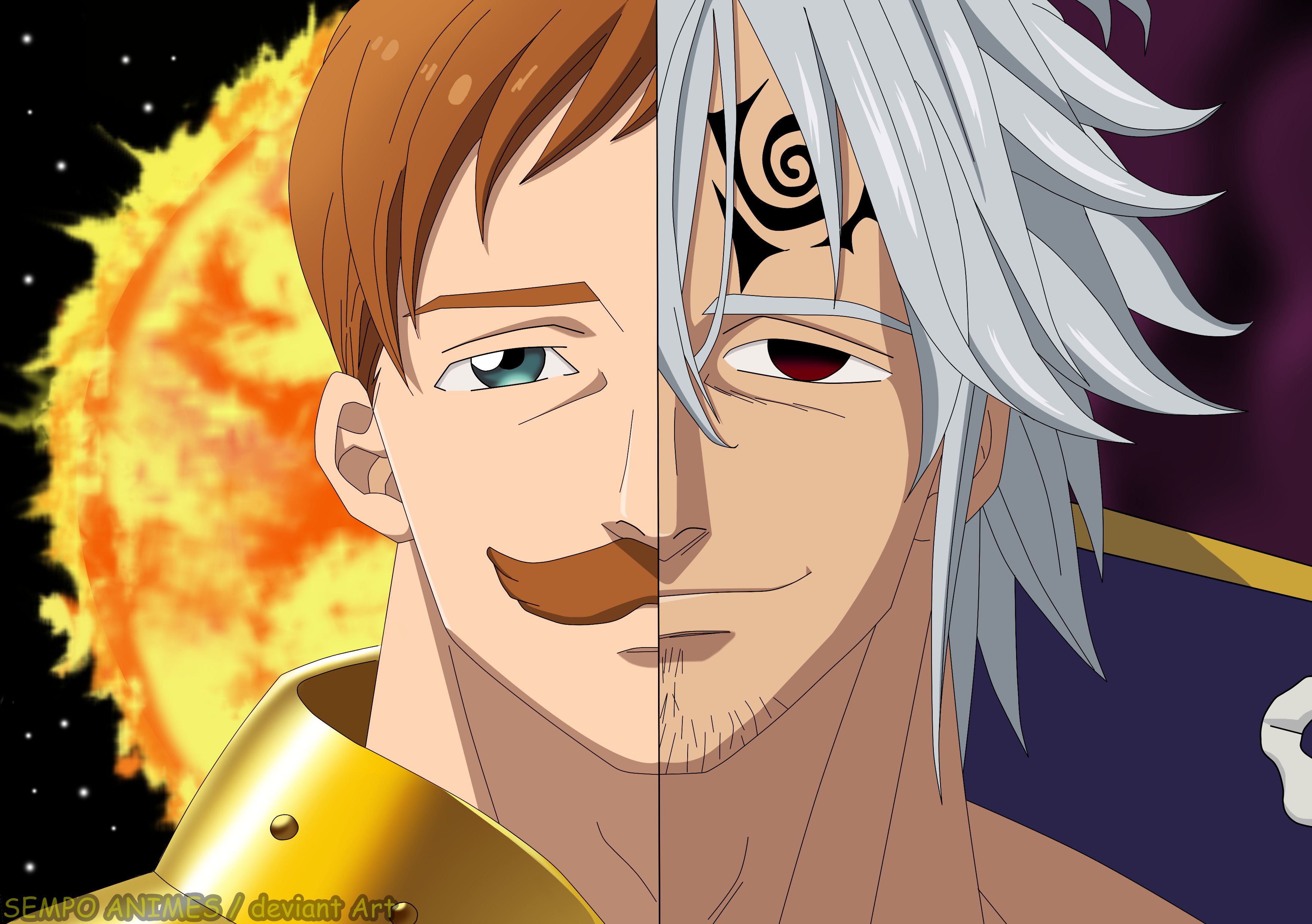 anime, the seven deadly sins, blue eyes, brown eyes, brown hair, escanor (the seven deadly sins), estarossa (the seven deadly sins), grey hair, sun