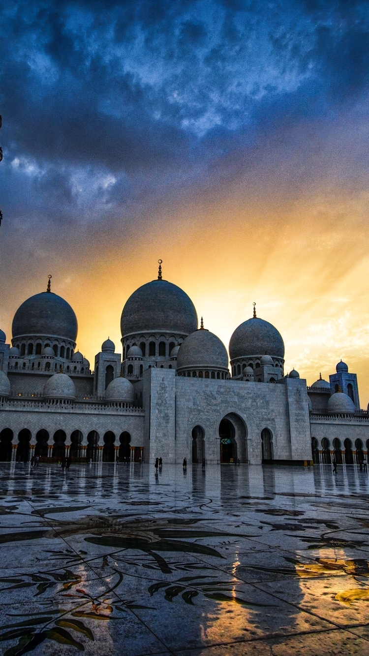 Handy-Wallpaper Architektur, Vereinigte Arabische Emirate, Abu Dhabi, Moschee, Scheich Zayid Moschee, Sonnenuntergang, Die Architektur, Religiös, Moscheen kostenlos herunterladen.