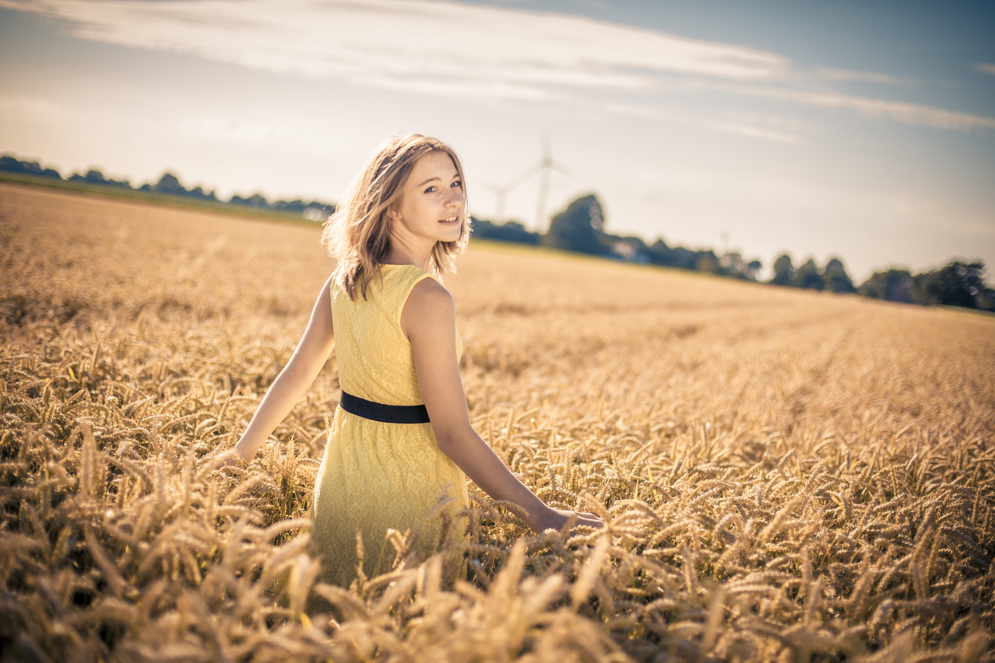 women, model, blonde, depth of field, field, mood, summer, wheat, yellow dress