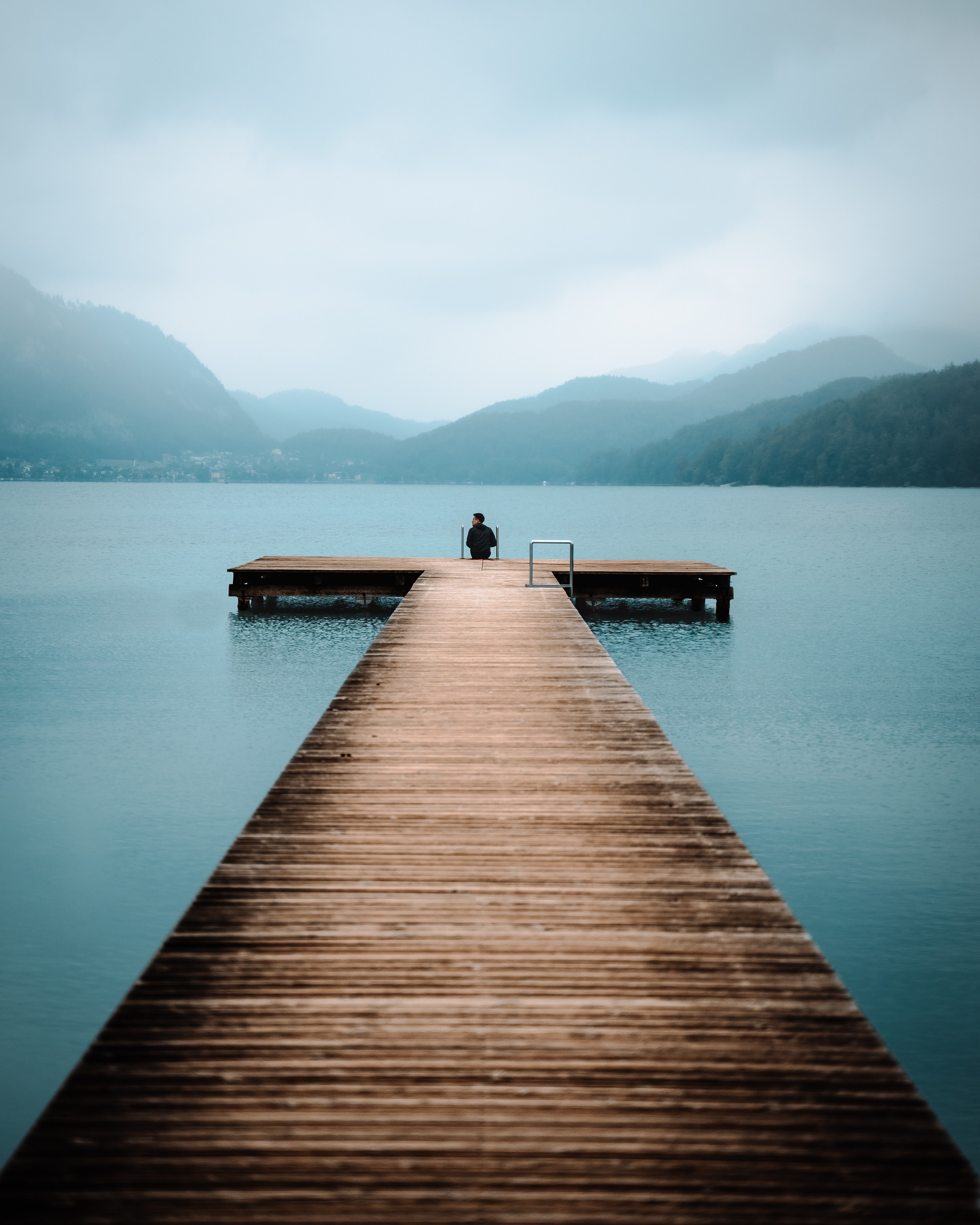 Download mobile wallpaper Fog, Lake, Person, Nature, Pier, Human, Loneliness for free.