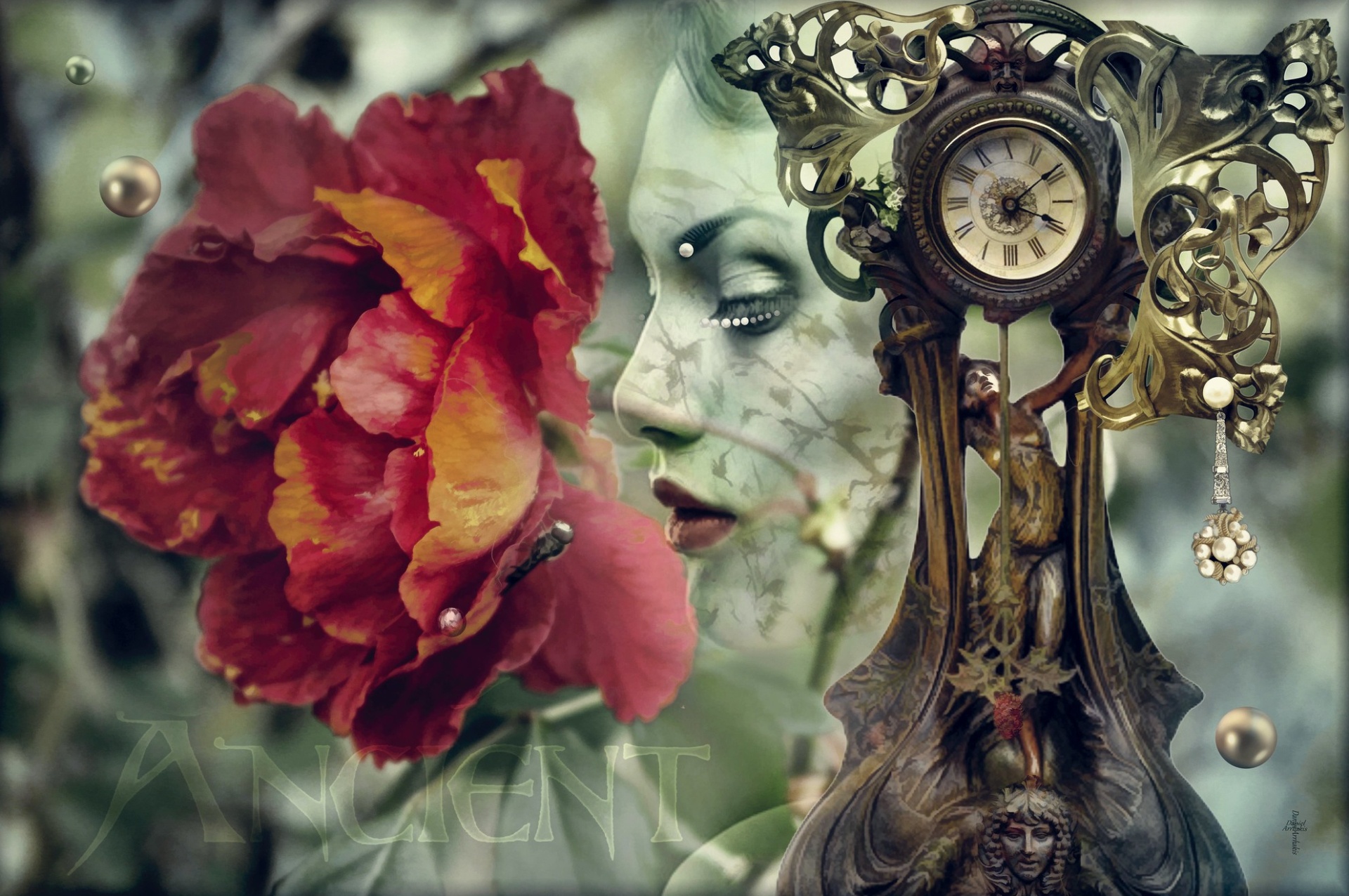 Download mobile wallpaper Clock, Flower, Collage, Artistic for free.