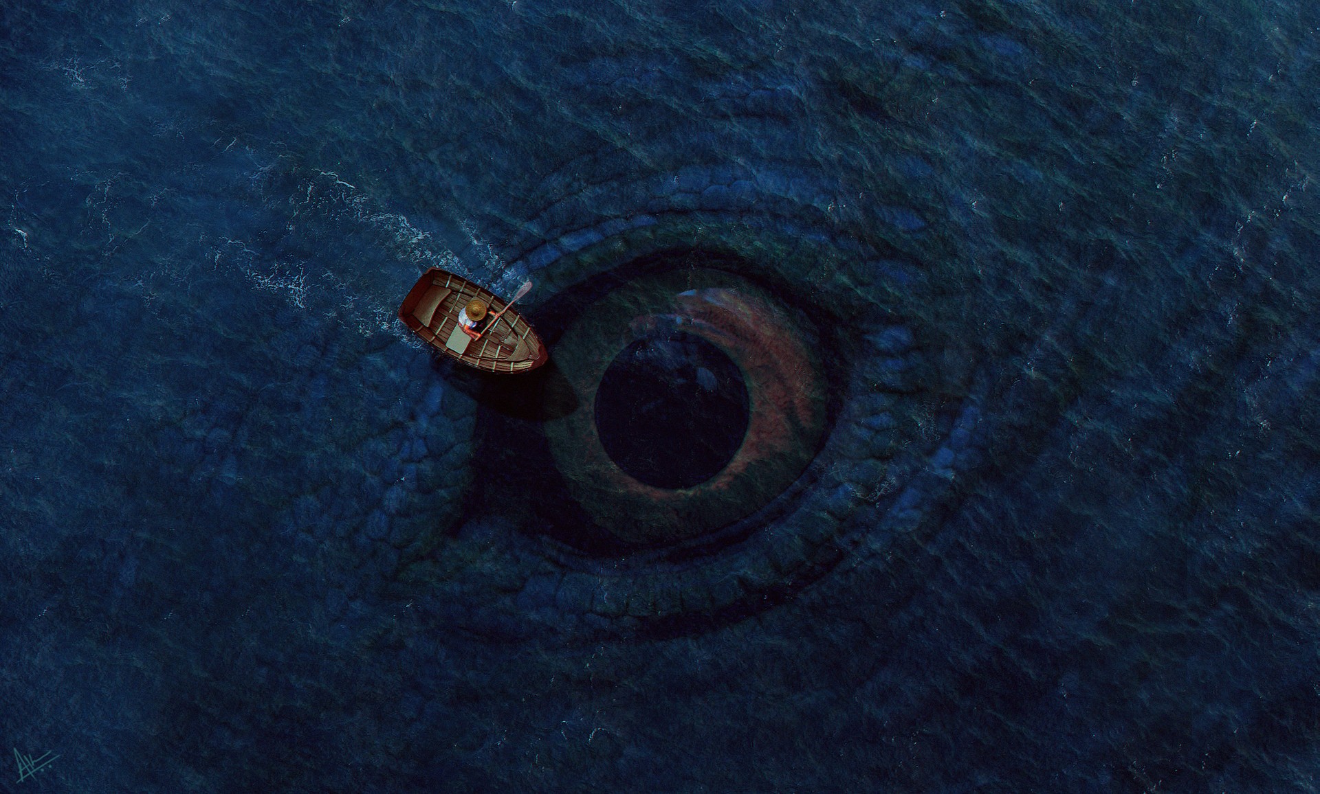749844 завантажити картинку фантазія, морське чудовисько, човен, створіння, око, страшно, море - шпалери і заставки безкоштовно