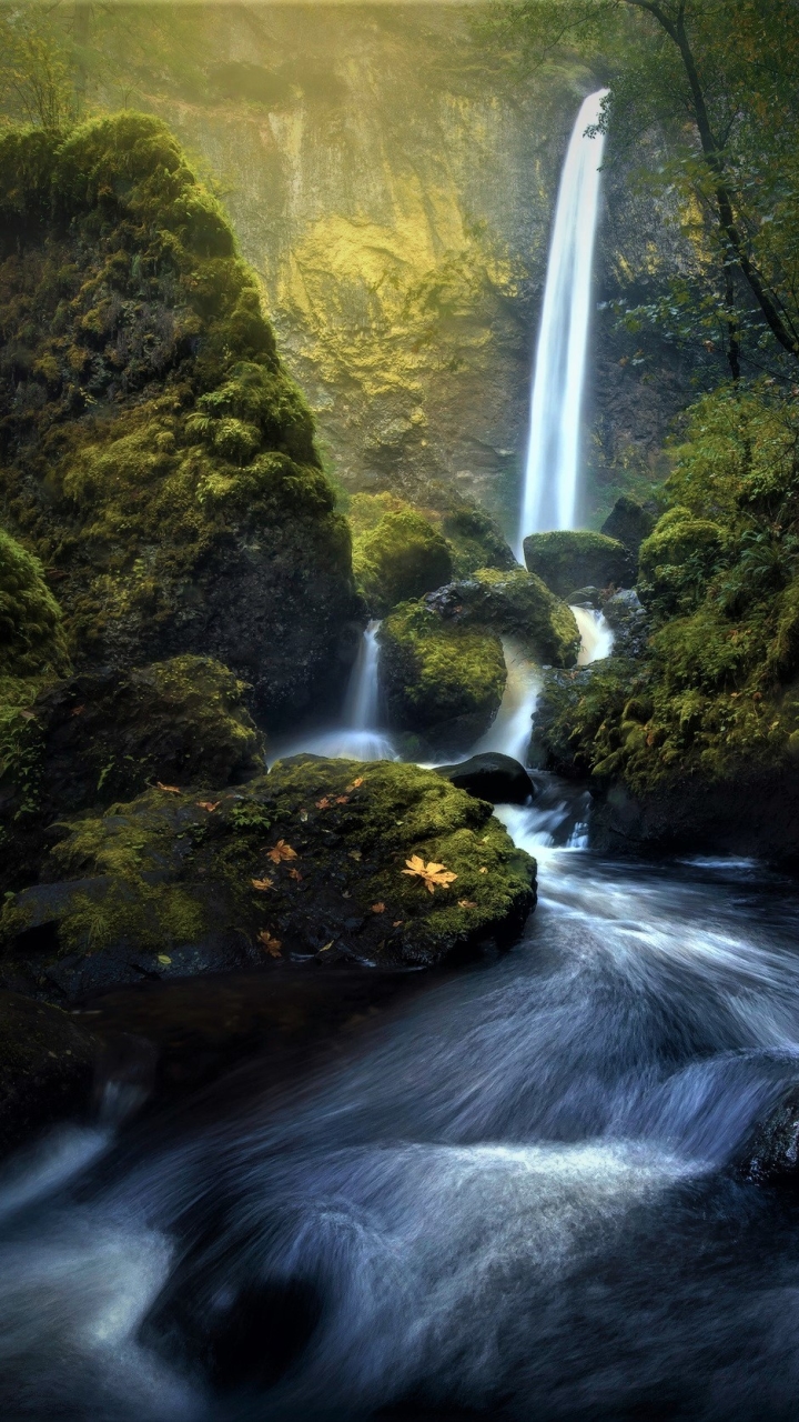 Download mobile wallpaper Waterfalls, Waterfall, Earth, Moss, River for free.