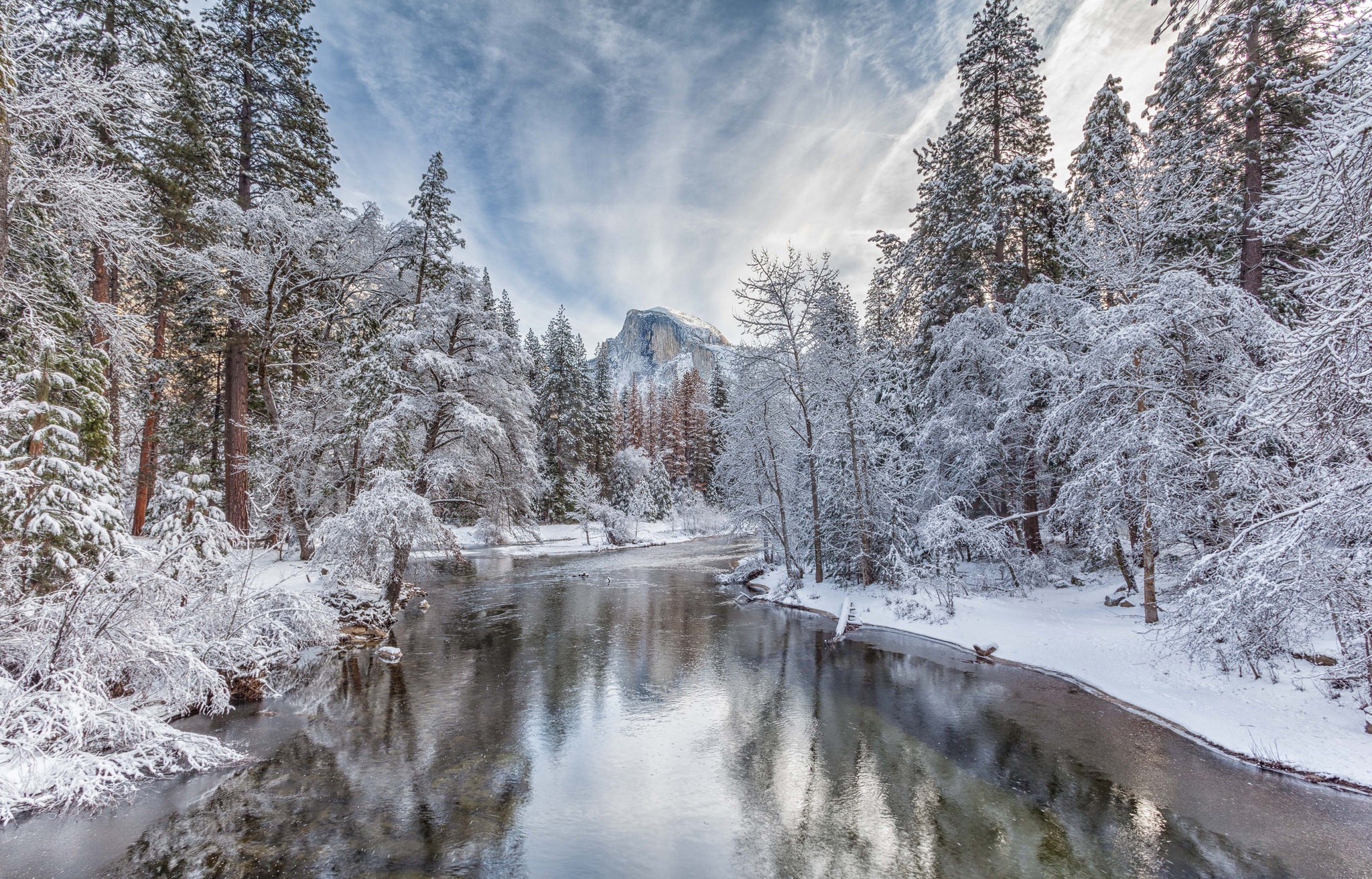 Download mobile wallpaper Winter, Nature, Snow, Forest, Tree, Earth, River for free.