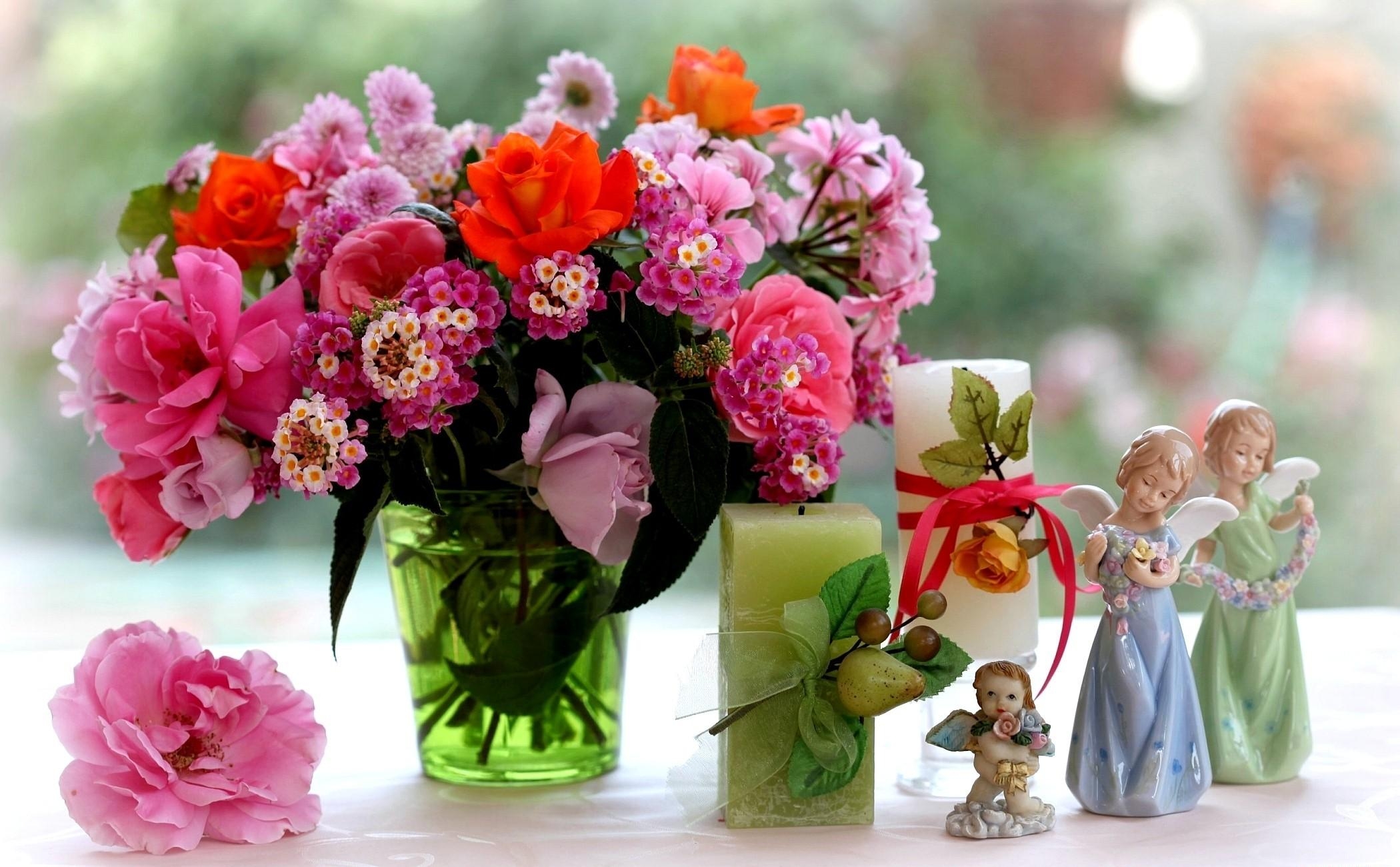 angels, candles, figurines, flowers, roses, chrysanthemum, bouquet, figures, lantana, lanthanum