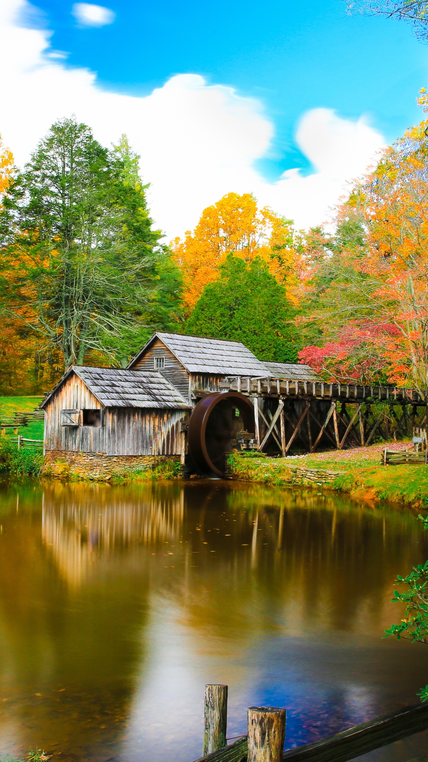Download mobile wallpaper Fall, Pond, Man Made, Watermill, Mabry Mill for free.
