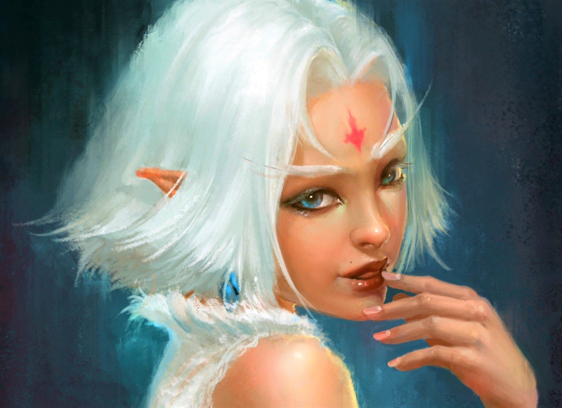 Free download wallpaper Fantasy, Face, Elf, Blue Eyes, Pointed Ears, Short Hair, White Hair on your PC desktop