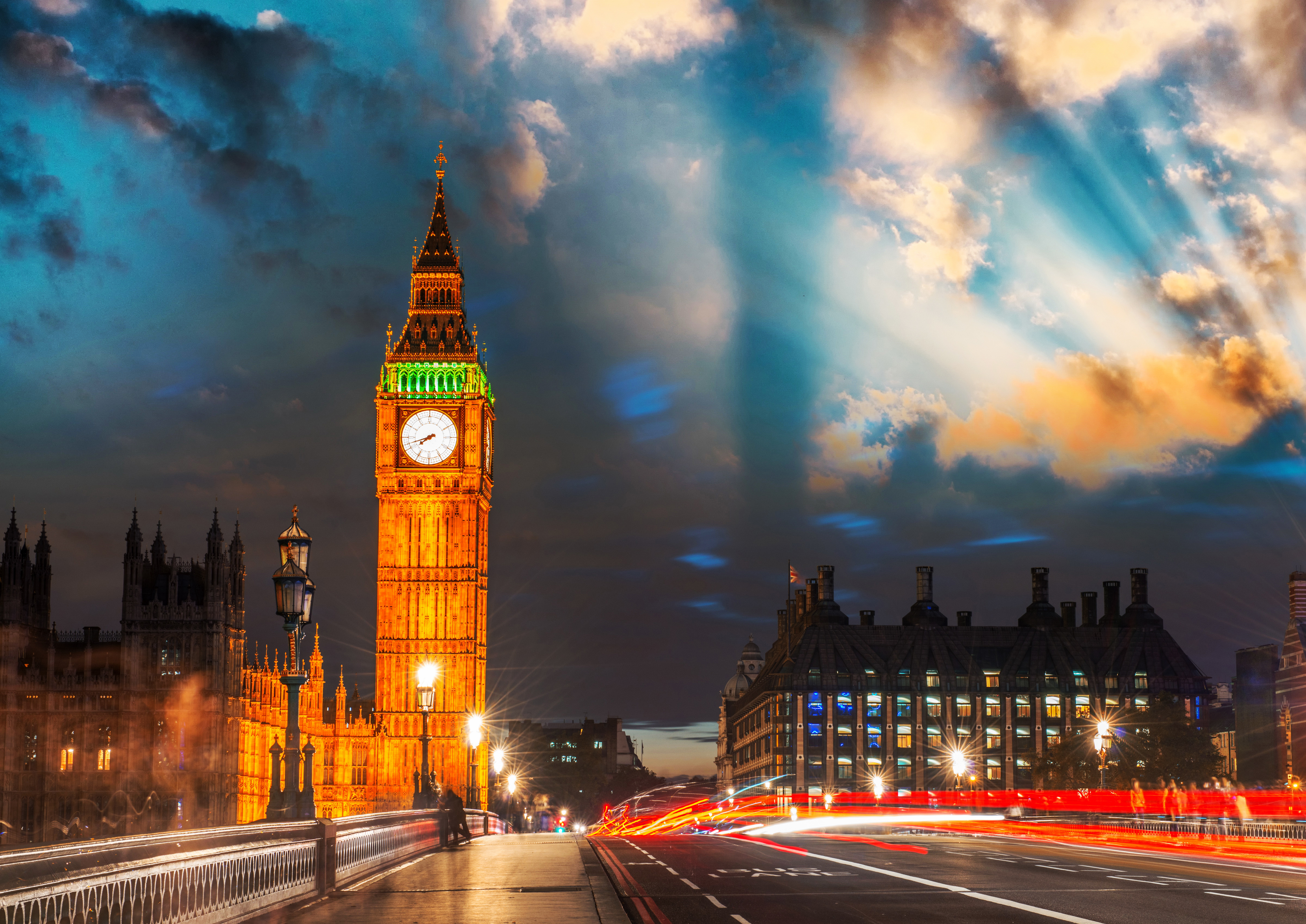 Download mobile wallpaper Sky, Night, Twilight, Monuments, London, Big Ben, Building, Light, Road, United Kingdom, Man Made, Time Lapse for free.