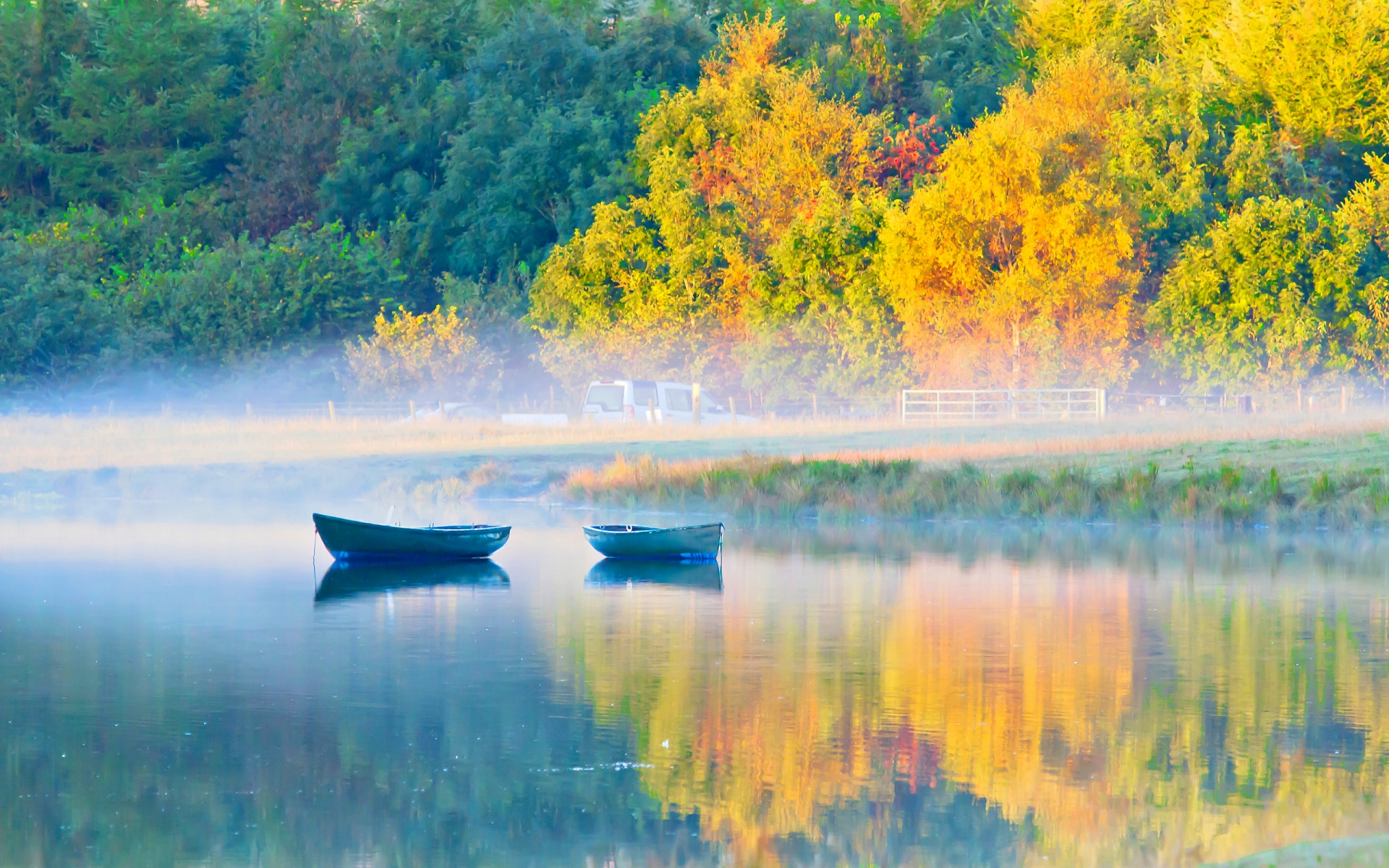 photography, lake, boat, fall, fog, forest, morning, nature, reflection, season, vehicle, water, lakes