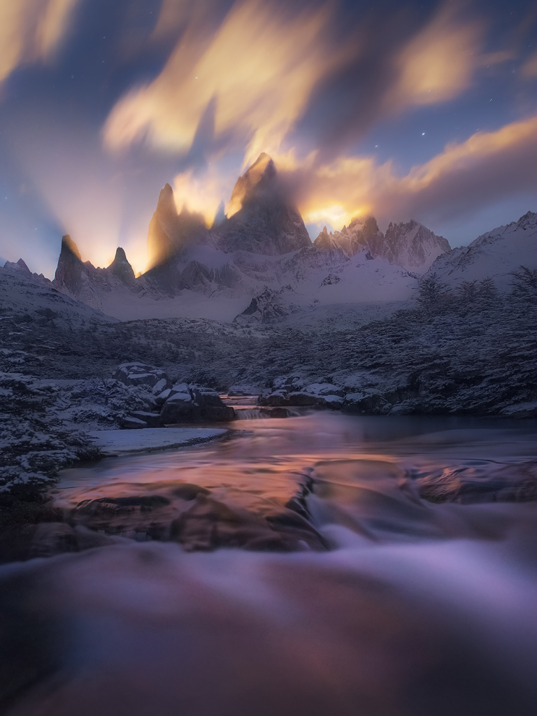 Download mobile wallpaper Winter, Nature, Mountain, Peak, Earth, Stream, Patagonia, Andes, Andes Mountains for free.