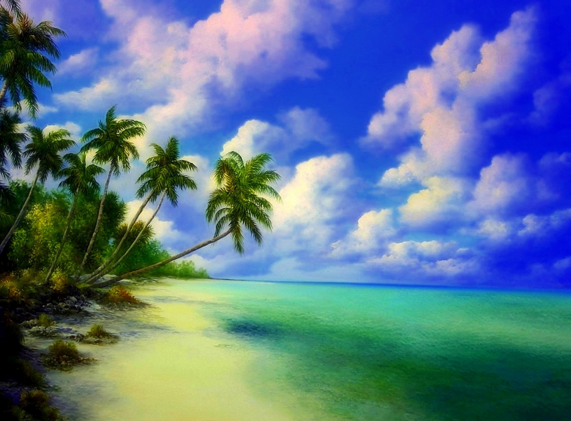 Free download wallpaper Sky, Beach, Ocean, Earth, Painting, Artistic, Tropical, Cloud, Palm Tree on your PC desktop