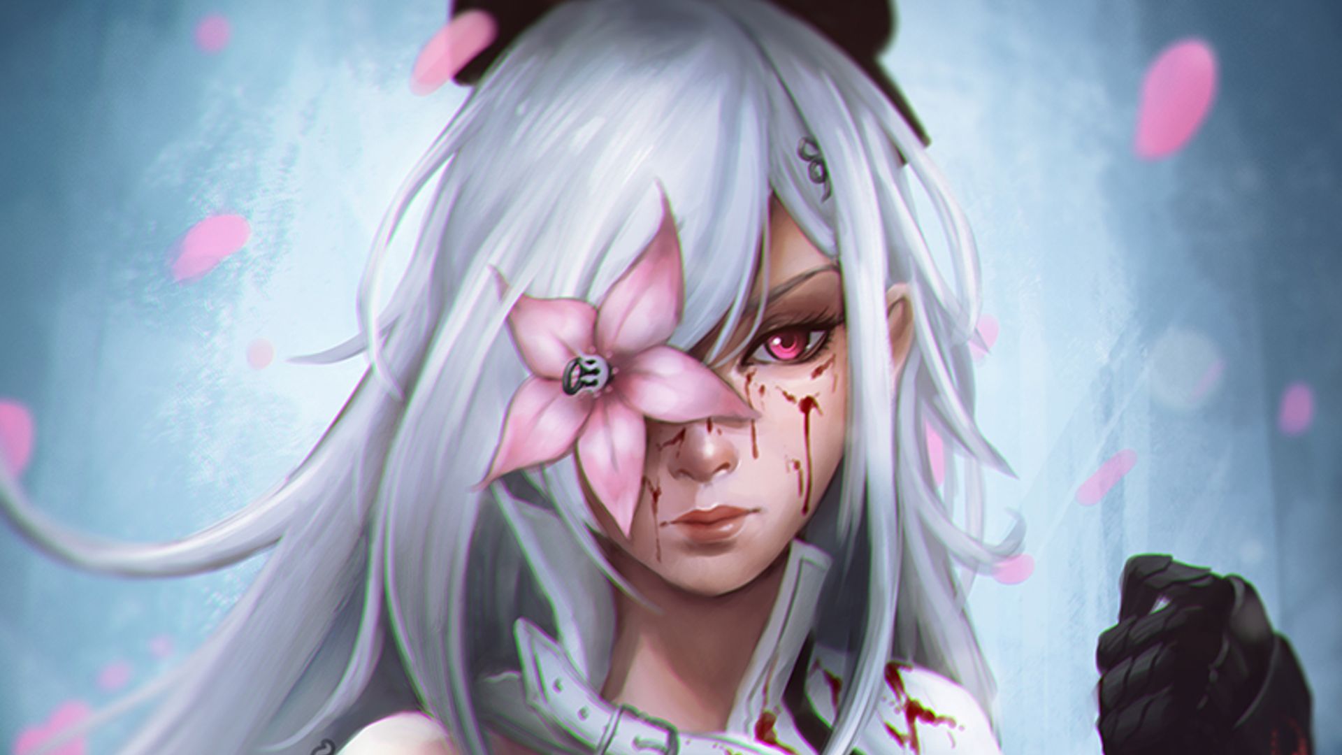 video game, drakengard 3, blood, eye patch, flower, long hair, rose