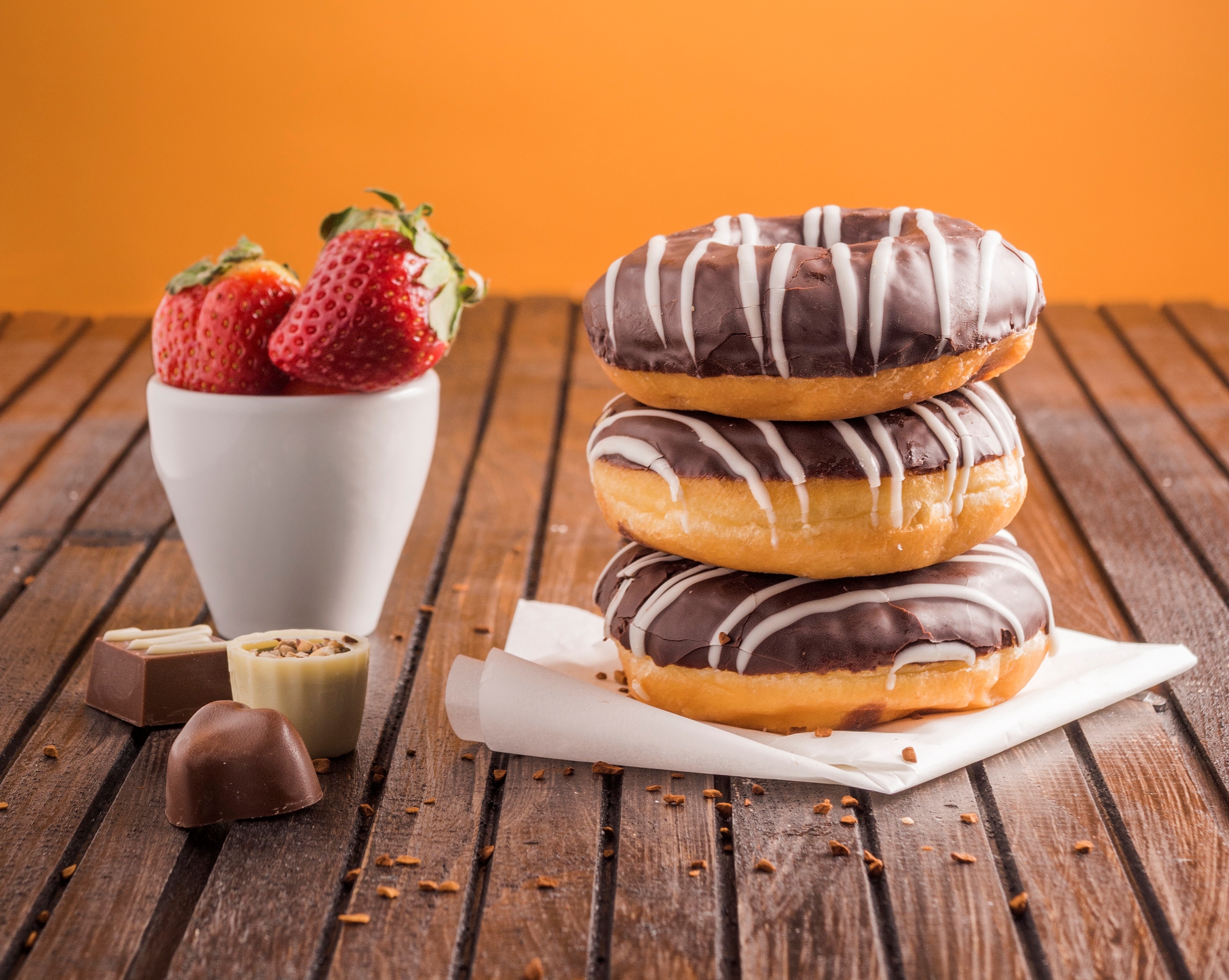Download mobile wallpaper Food, Strawberry, Chocolate, Still Life, Sweets, Doughnut for free.