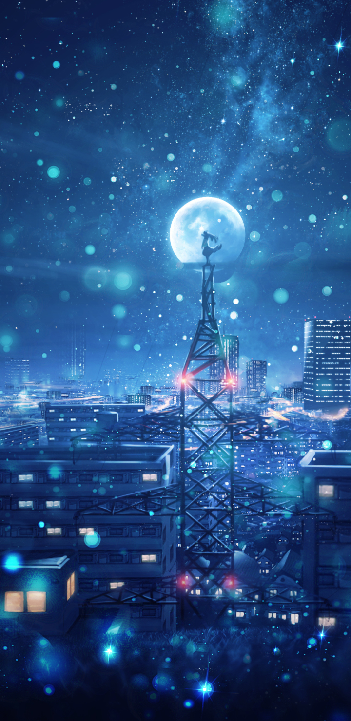 Скачать картинку Аниме, Небо, Ночь, Луна, Город, Свет, Снегопад, Легкий, Токийская Башня в телефон бесплатно.
